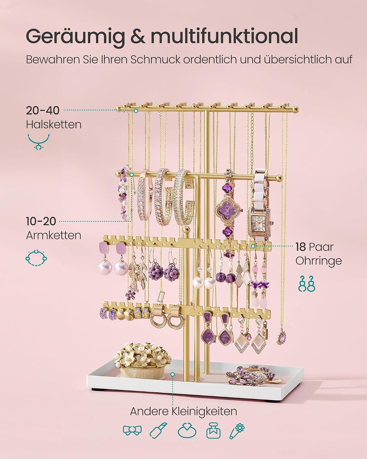 Detalle de SONGMICS Schmuckständer Metallrahmen mit Samttablett JJS036AB01V1 – Ordnung für Halsketten, Ohrringe und Ringe