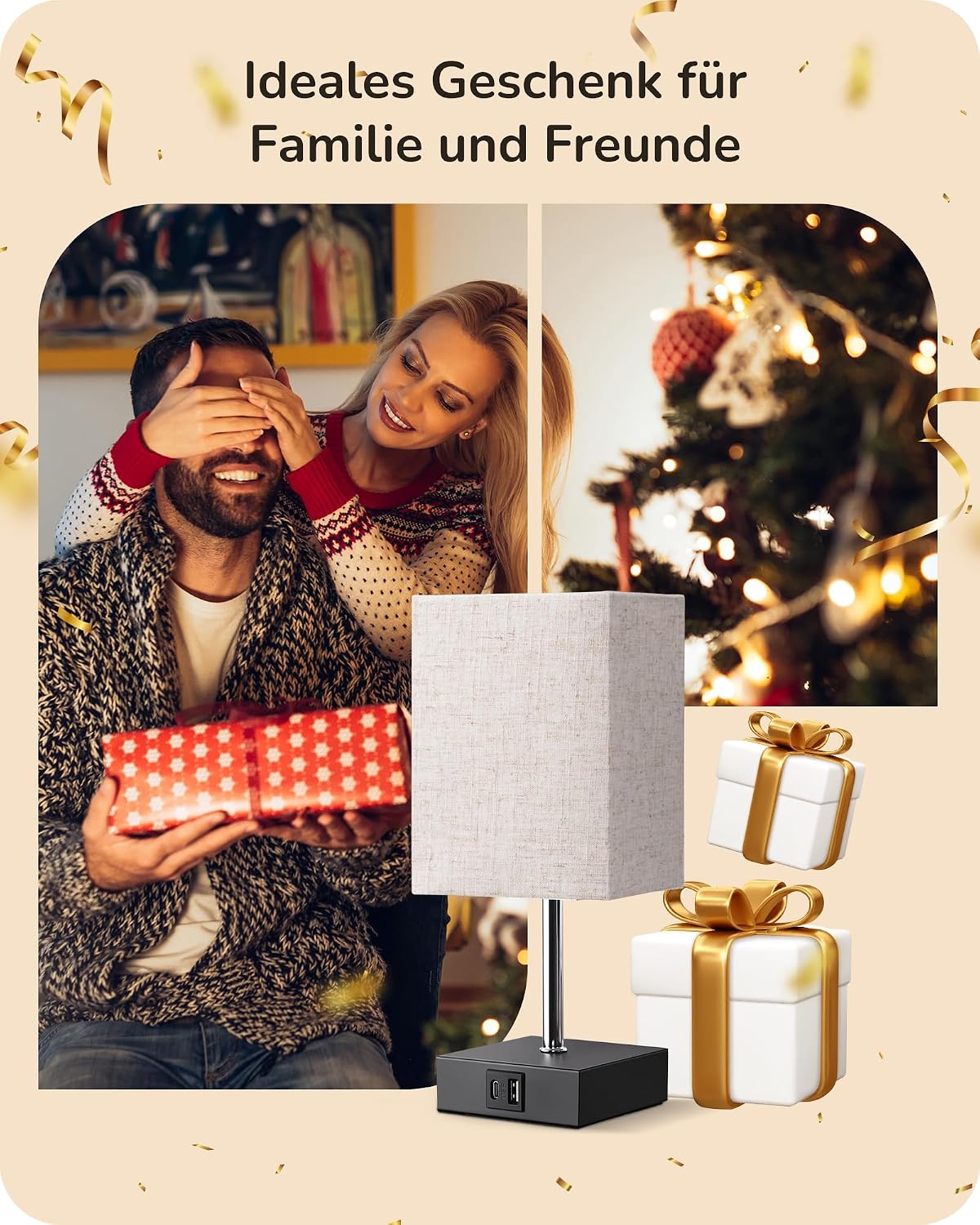 Thumbnail 6 de EDISHINE LED Nachttischlampe Touch dimmbar im 2er-Set mit USB (Type-A & Type-C) – beige
