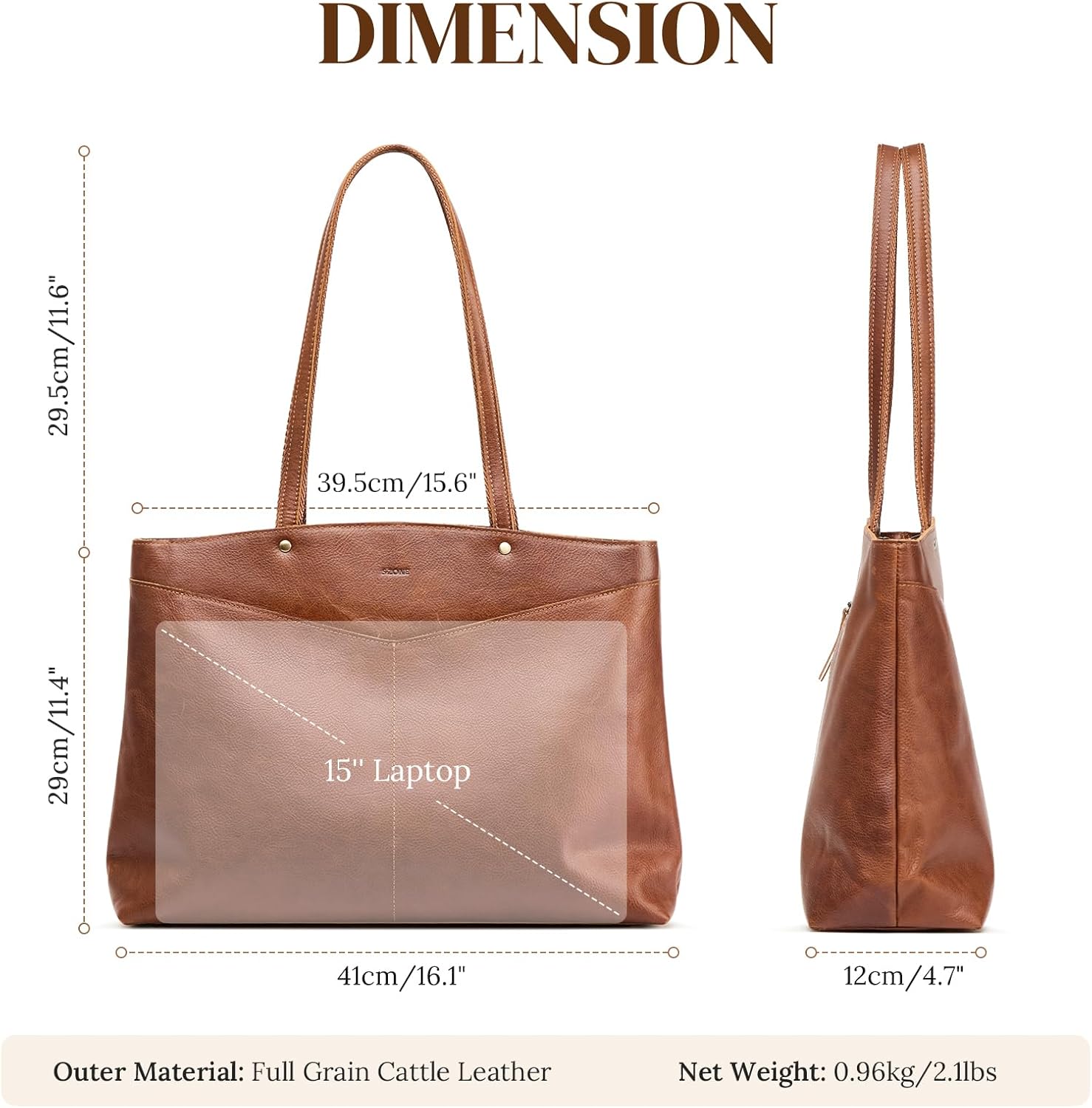 Detalle de S-ZONE Genuine Leather Tote Bag for Women – Large Capacity Work & Travel Handbag
