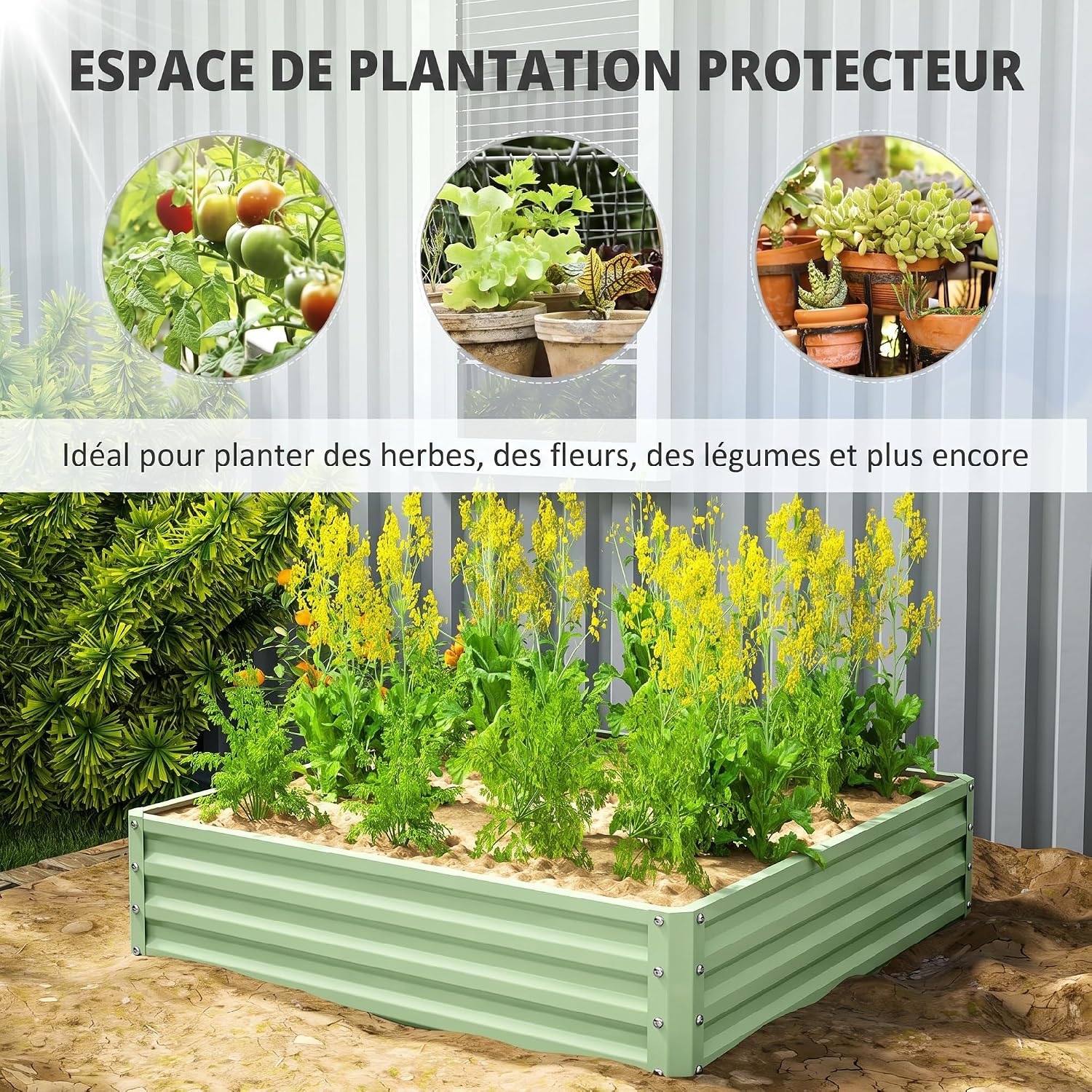 Detalle de Outsunny 845-040V01YG verhoogde moestuinbak 120 x 120 x 30 cm, lichtgroen