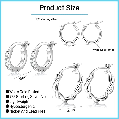 Detalle de PABBEU 5 Pairs Sterling Silver Hoop Earrings for Women - Small Sleeper Hoops