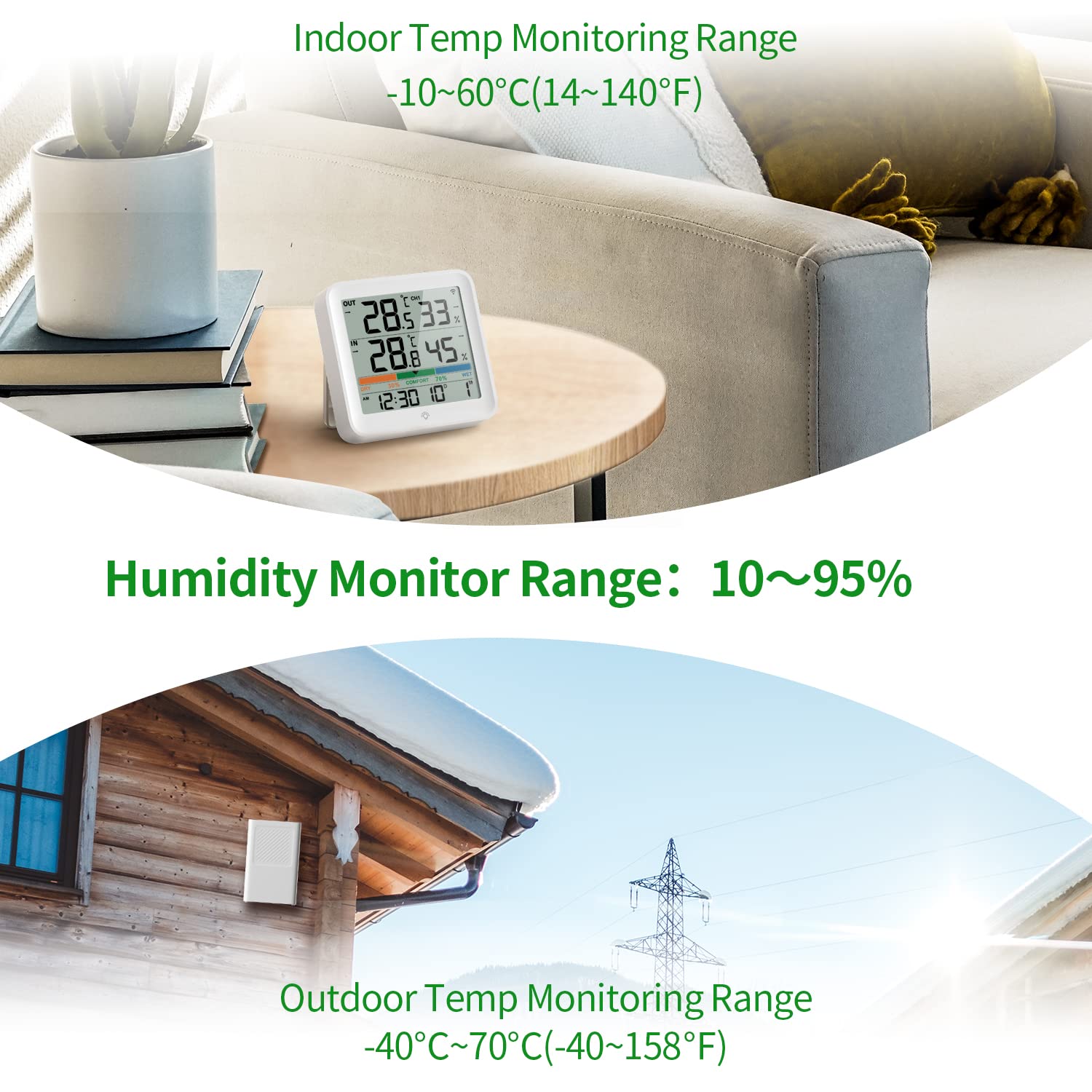 Detalle de VOCOO Termoigrometro wireless digitale per interno ed esterno con 1 sensore remoto, retroilluminazione e sensore IP43