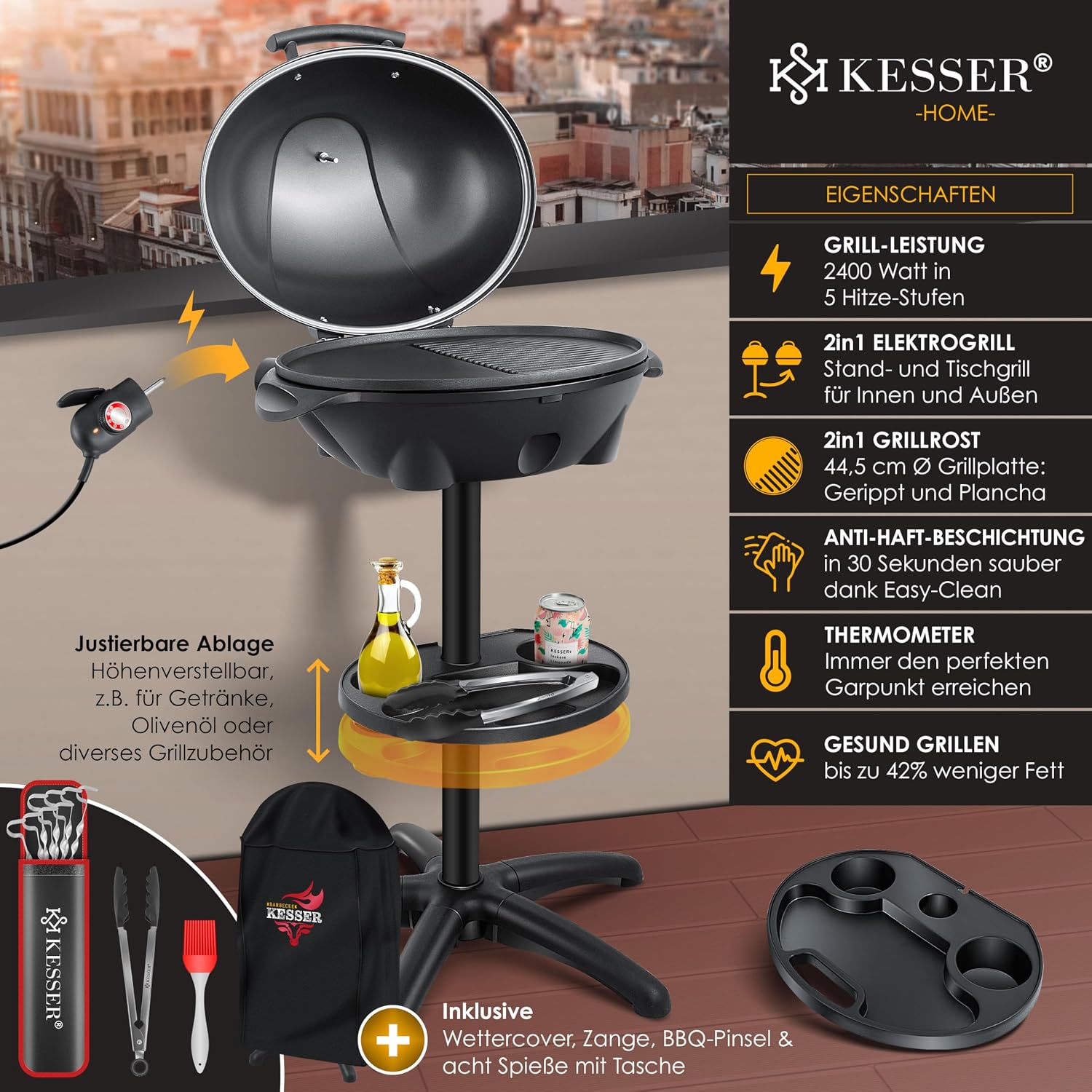Detalle de KESSER® Elektrogrill 2in1 Tisch- & Standgrill mit Deckel (2.400 W), XXL Antihaft-Grillplatte