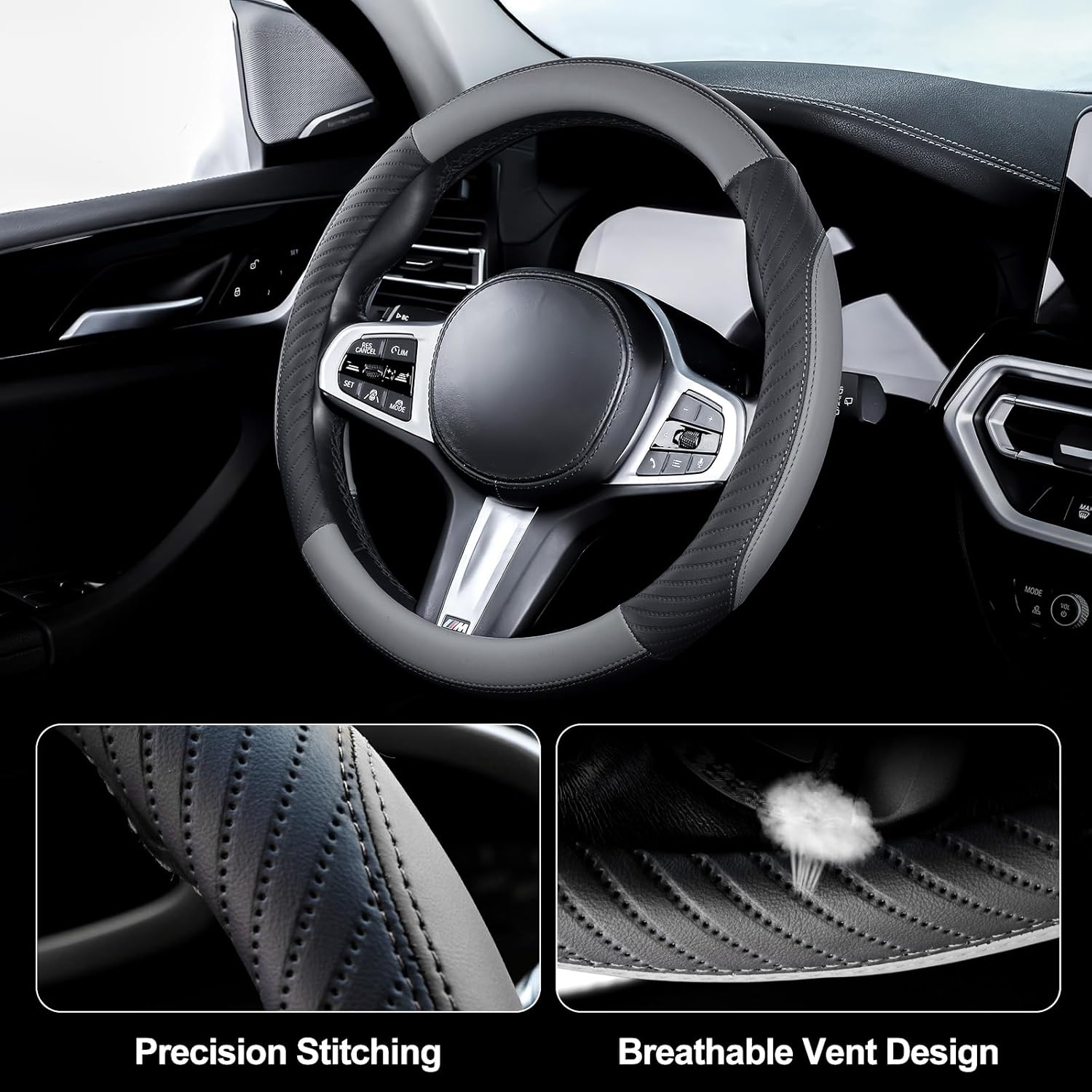 Thumbnail 3 de Universal Microfibre Leather Car Steering Wheel Cover (Soft, Anti-slip, Breathable) – 37–38cm / 14.5–15in, Grey