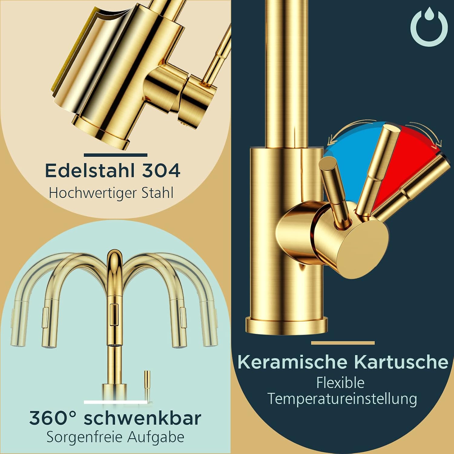 Thumbnail 6 de FORIOUS Küchenarmatur mit hohem Bogen und 360° Schwenkbereich – ausziehbare Brause in gebürstetem Gold