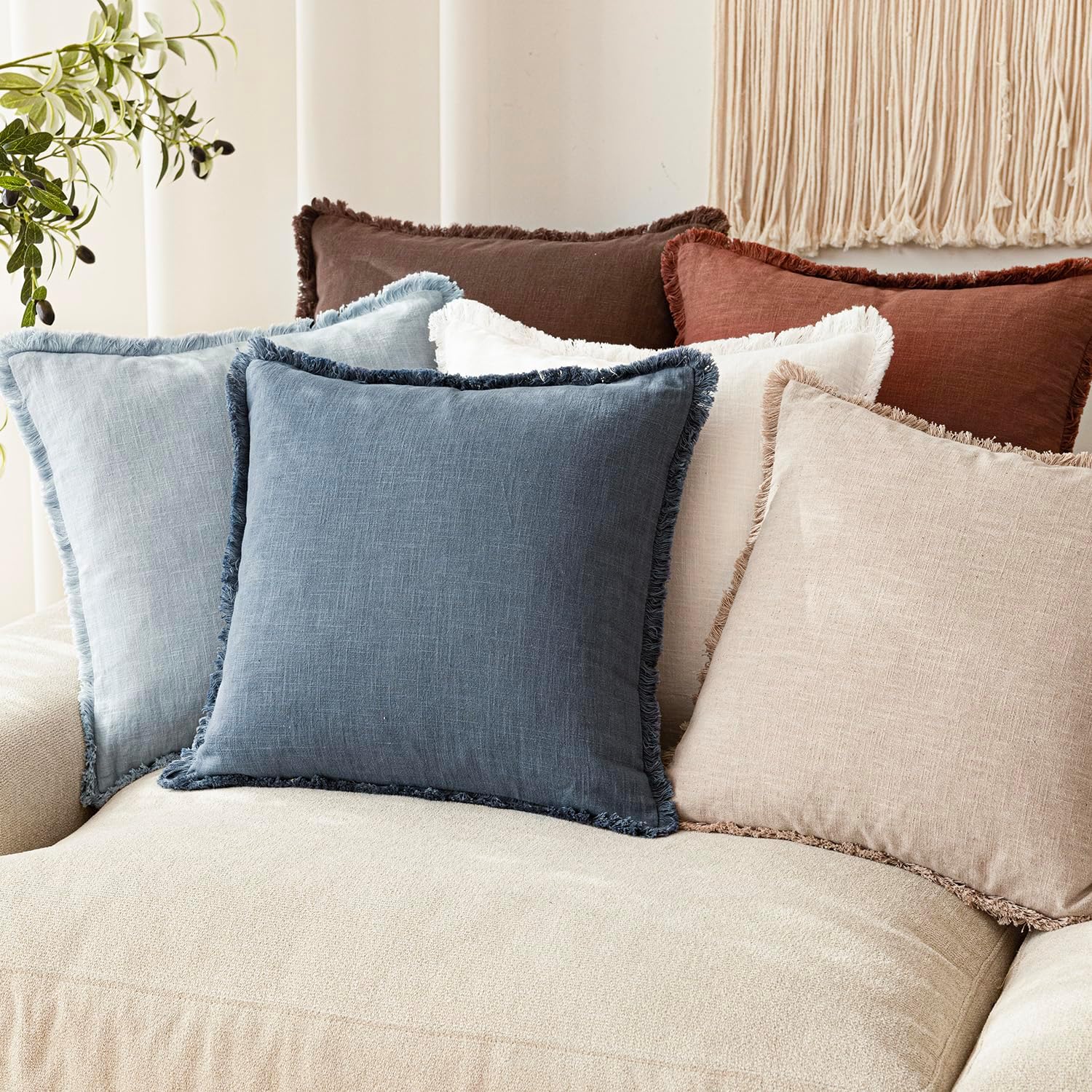 Thumbnail 6 de Foindtower Set of 2 Decorative Linen Fringe Throw Pillow Covers (20x20 Inches) in Sky Blue