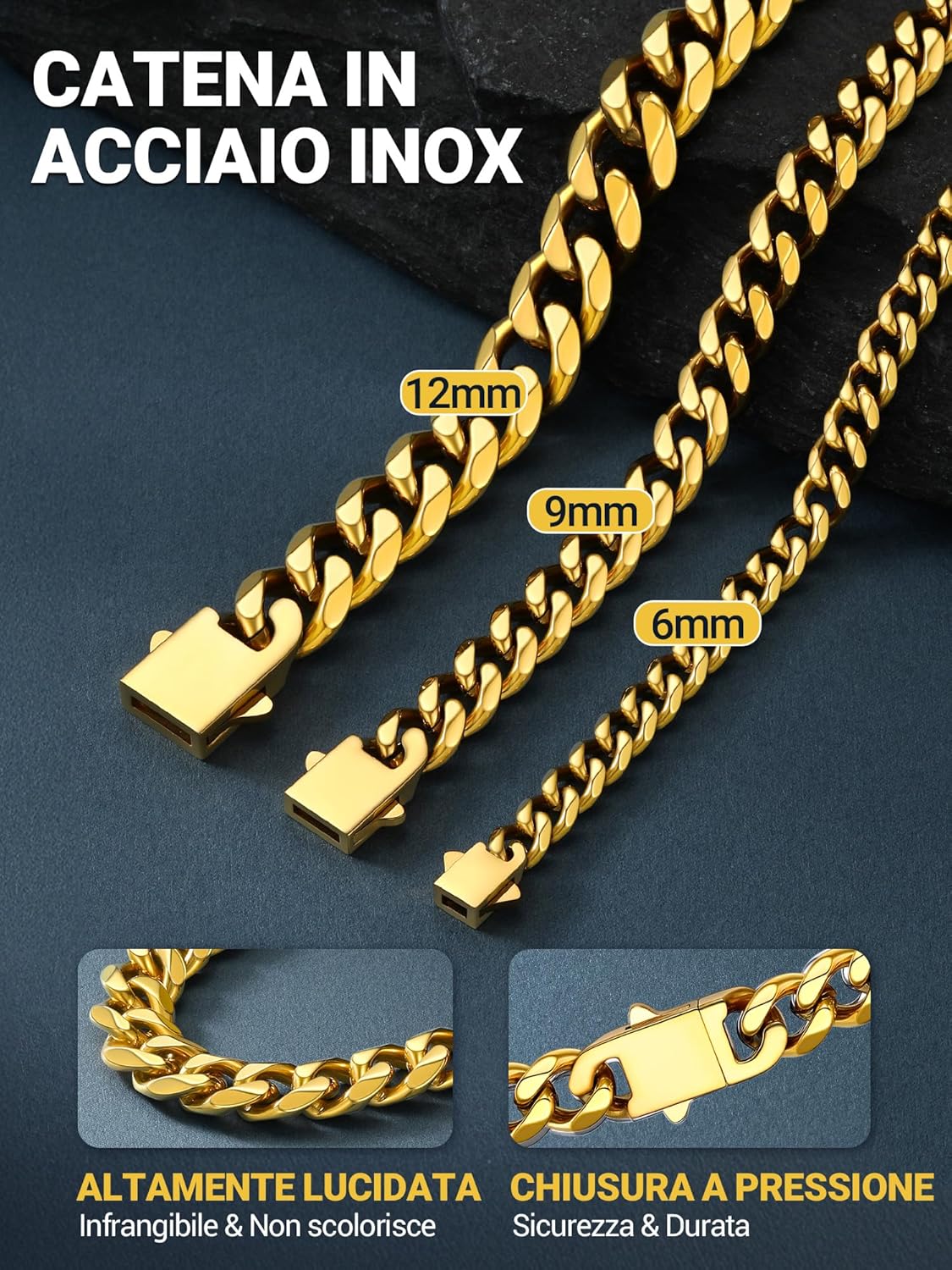 Thumbnail 5 de PROSTEEL Collana da uomo in acciaio inox 316L stile cubano Miami (6/9/12 mm, 45-75 cm) impermeabile