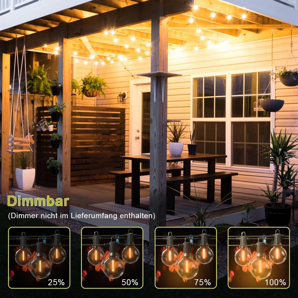 Detalle de Kawaya 15 m LED-Lichterkette außen (IP65) mit 25+2 bruchsicheren G40-Glühbirnen, warmweiß, dimmbar