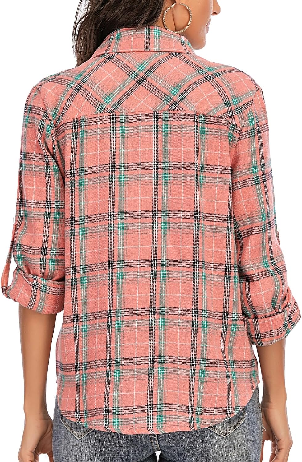 Detalle de Yukiuiny Women's Flannel Plaid Shirt – 100% Cotton, Long Sleeve Button-Down