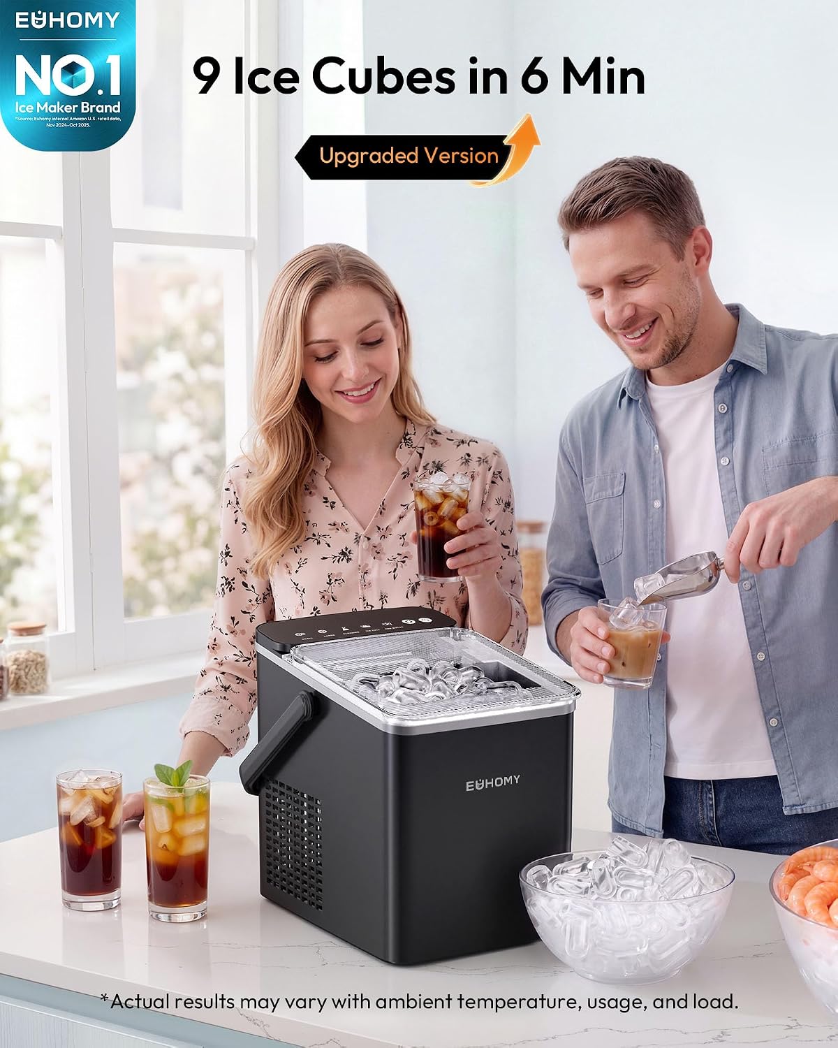 Detalle 2 de EUHOMY Countertop Ice Maker, 9 Cubes in 6 Minutes, Auto-Cleaning, Black
