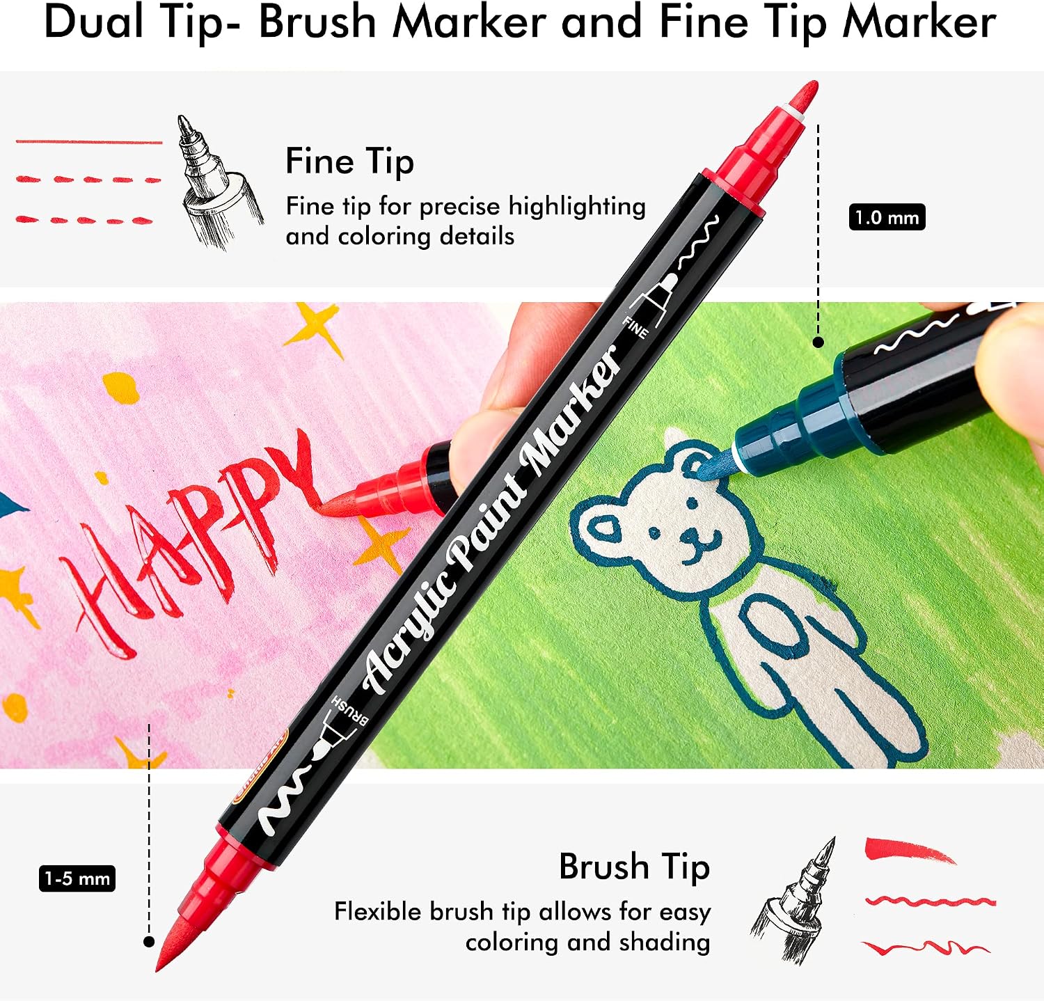 Detalle de Shuttle Art Dual Tip Acrylic Paint Pens (36 Colours) — fine & brush paint markers for rock, ceramic and more
