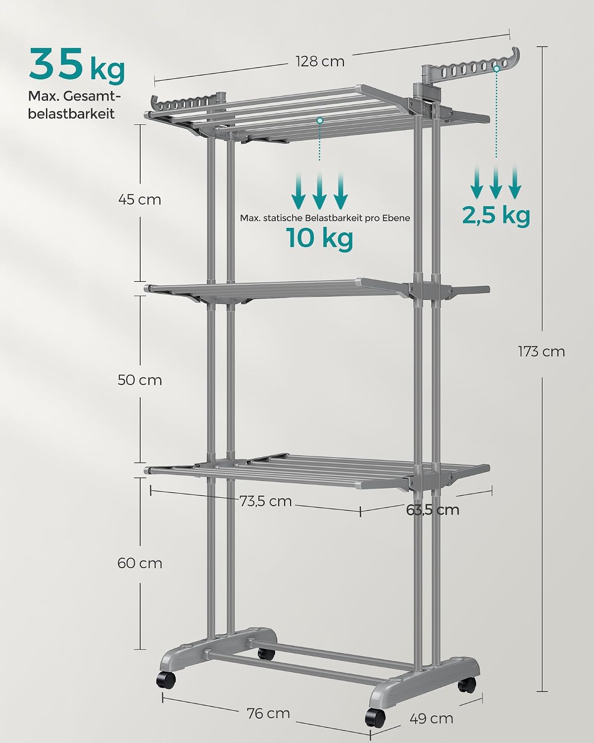 Detalle de SONGMICS Wäscheständer LLR701G01 – Standtrockner mit 4 Ebenen, klappbaren Flügeln und Rollen (63,5 x 128 x 173 cm)