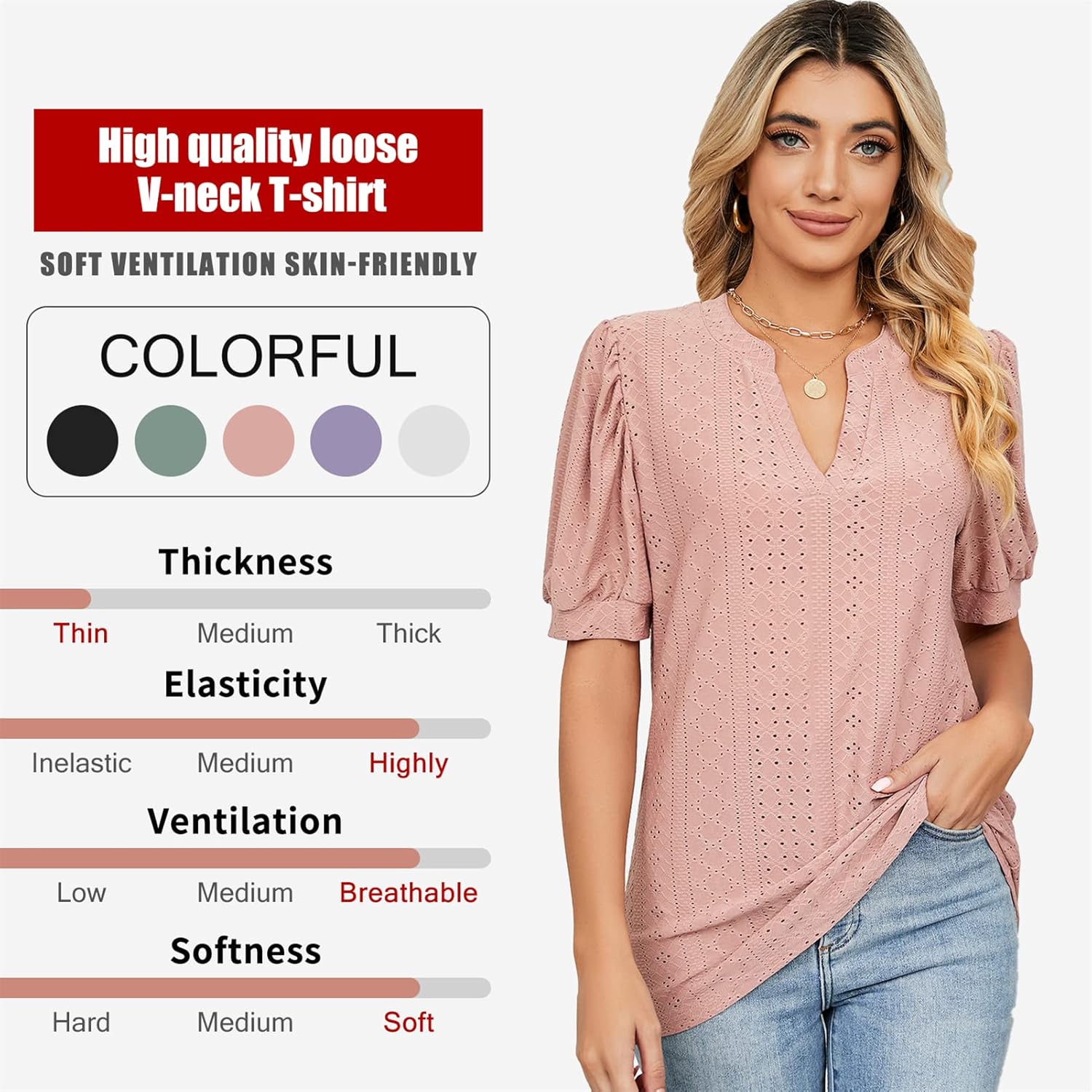 Thumbnail 5 de EDOTON Damen T-Shirt Kurzarm Bluse mit V-Ausschnitt – Lockeres Sommer-Top