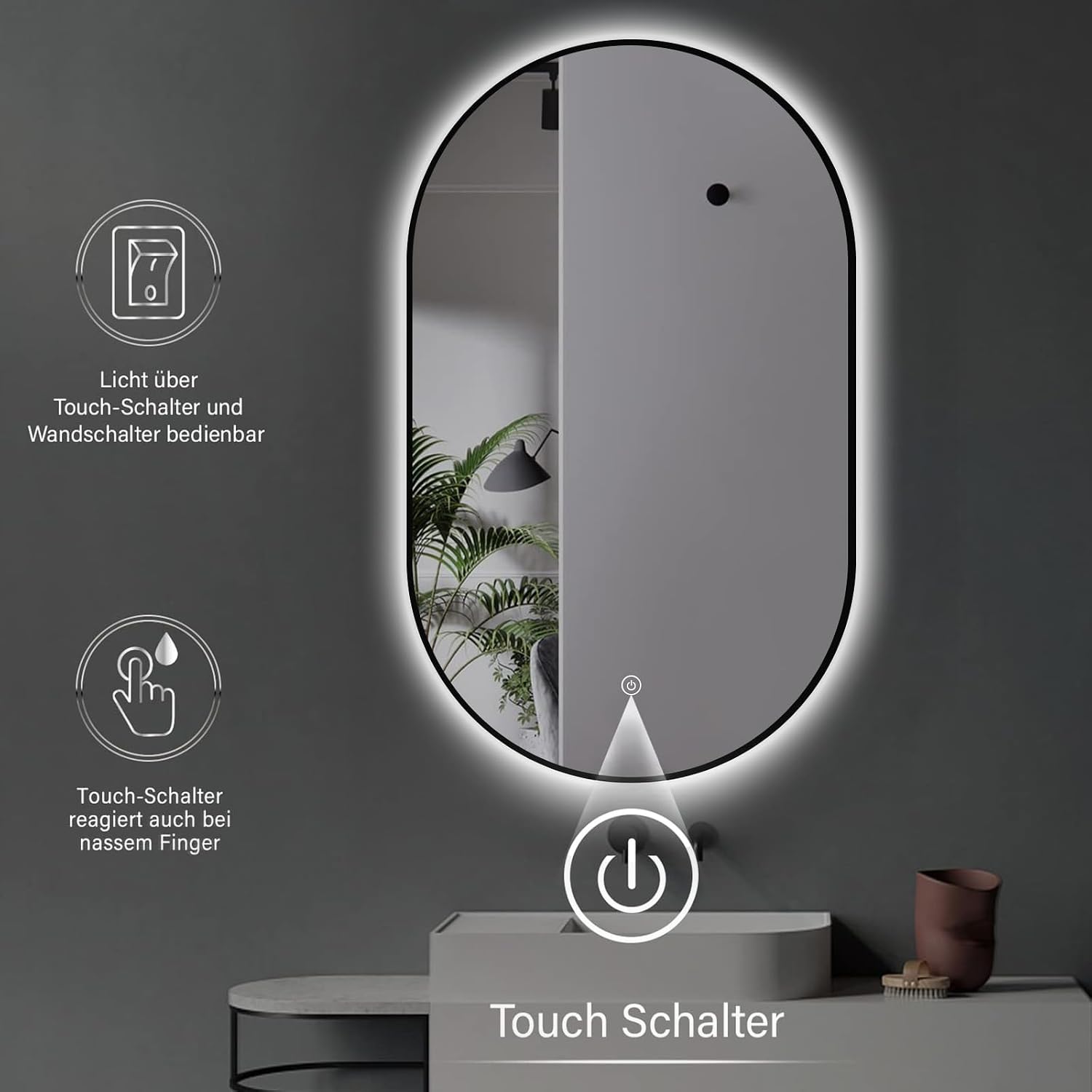 Detalle de ApeJoy Specchio da bagno ovale a LED 45x75 cm con cornice in metallo nero opaco