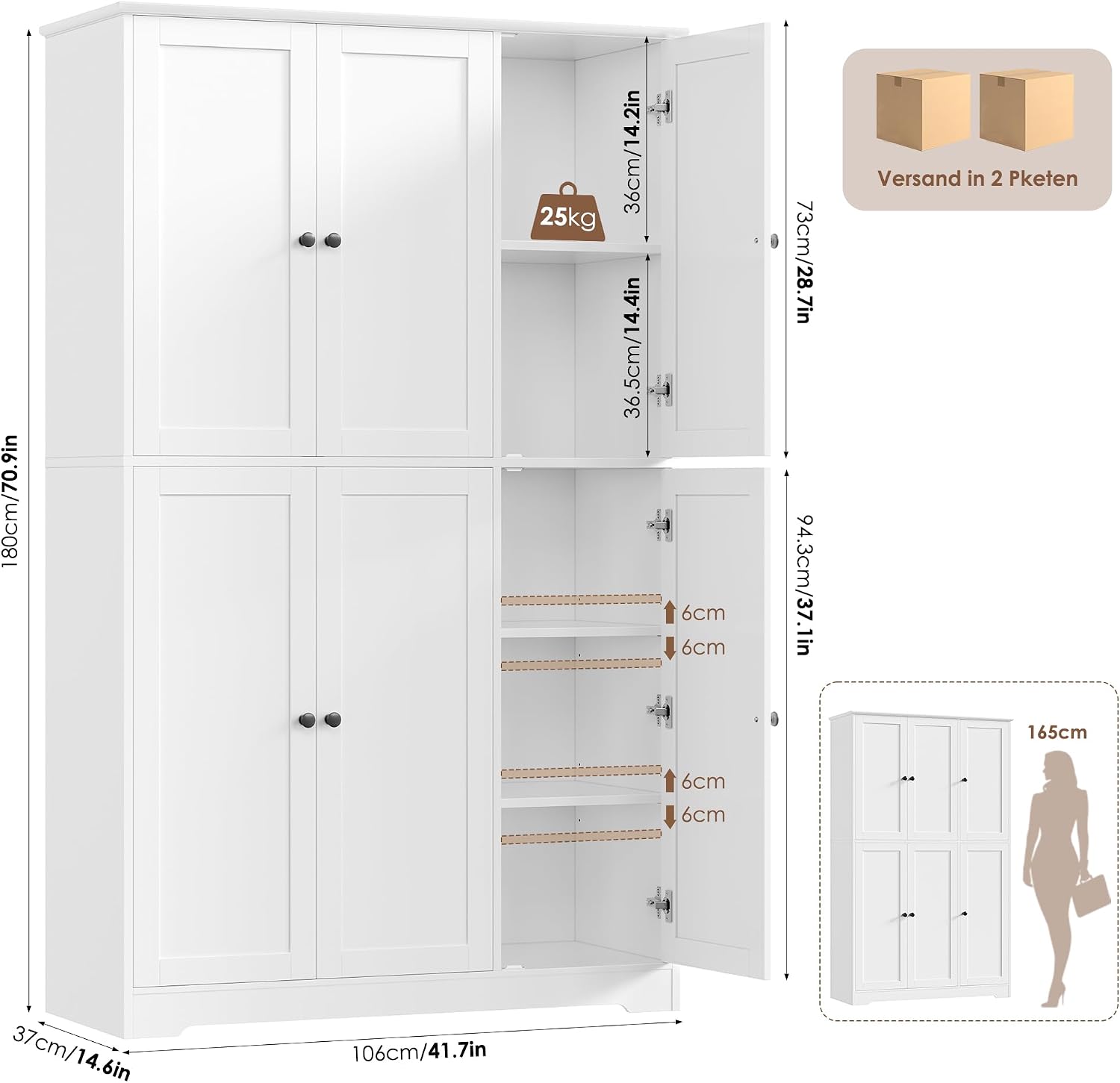 Detalle de FirFurd P730 Kitchen Storage Cabinet, 6 Doors, Adjustable Shelves, White