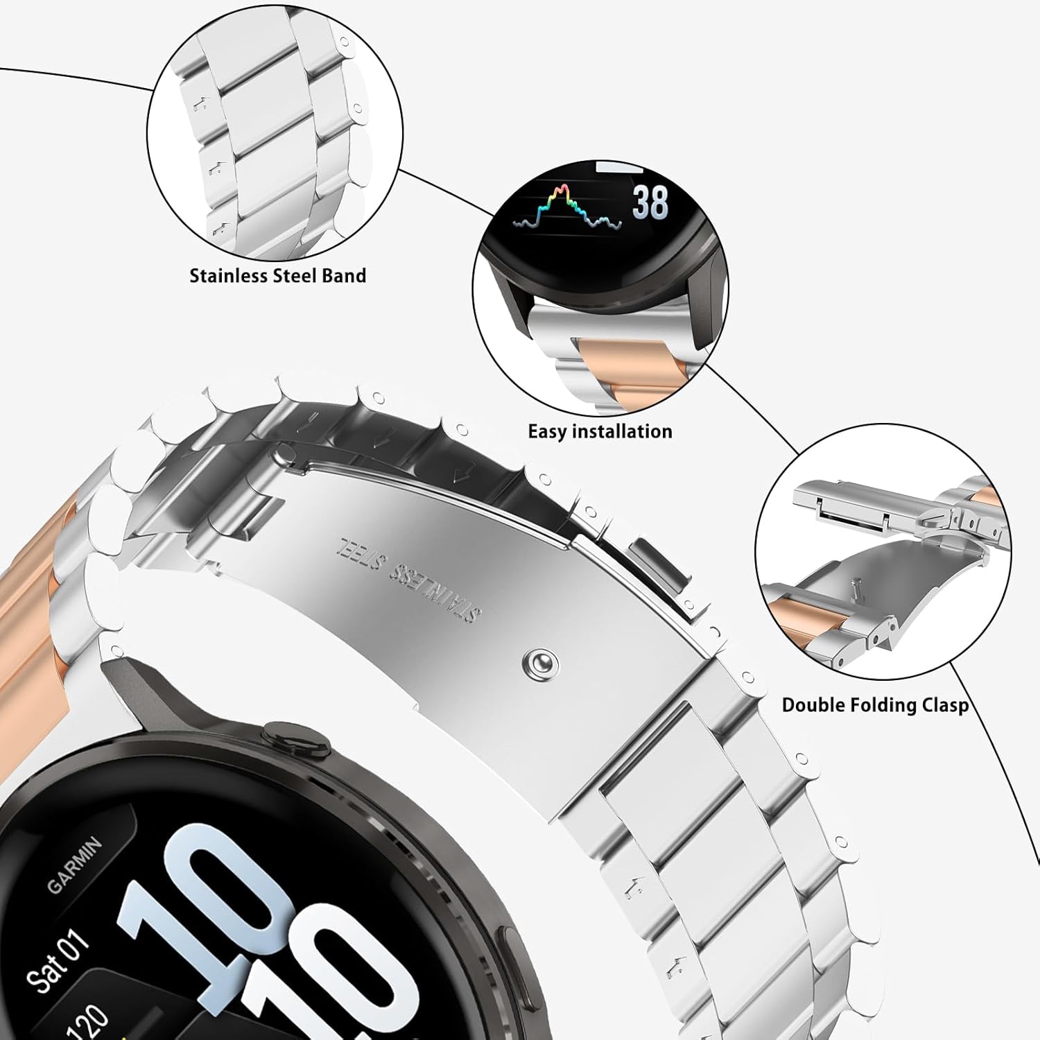 Thumbnail 1 de SumRioo 22mm Stainless Steel Watch Strap for Garmin and Huawei Smartwatches