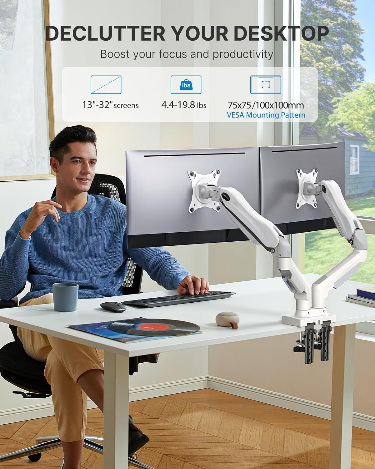 Thumbnail 6 de HUANUO Monitorhalterung für 2 Monitore (13–32 Zoll) – VESA 75/100, 360° Drehung, kabelorganisiert, Weiß