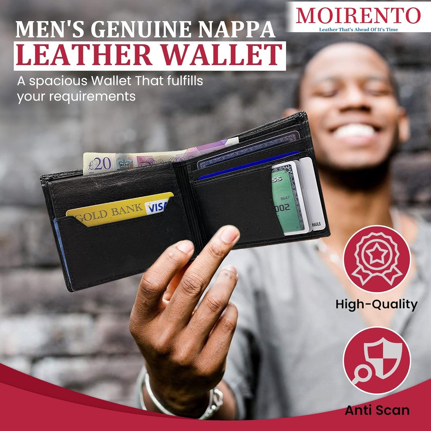 Detalle de MOIRENTO Mens Black Leather Passcase Wallet - RFID Blocking Card Holder with Flip-Up ID Window