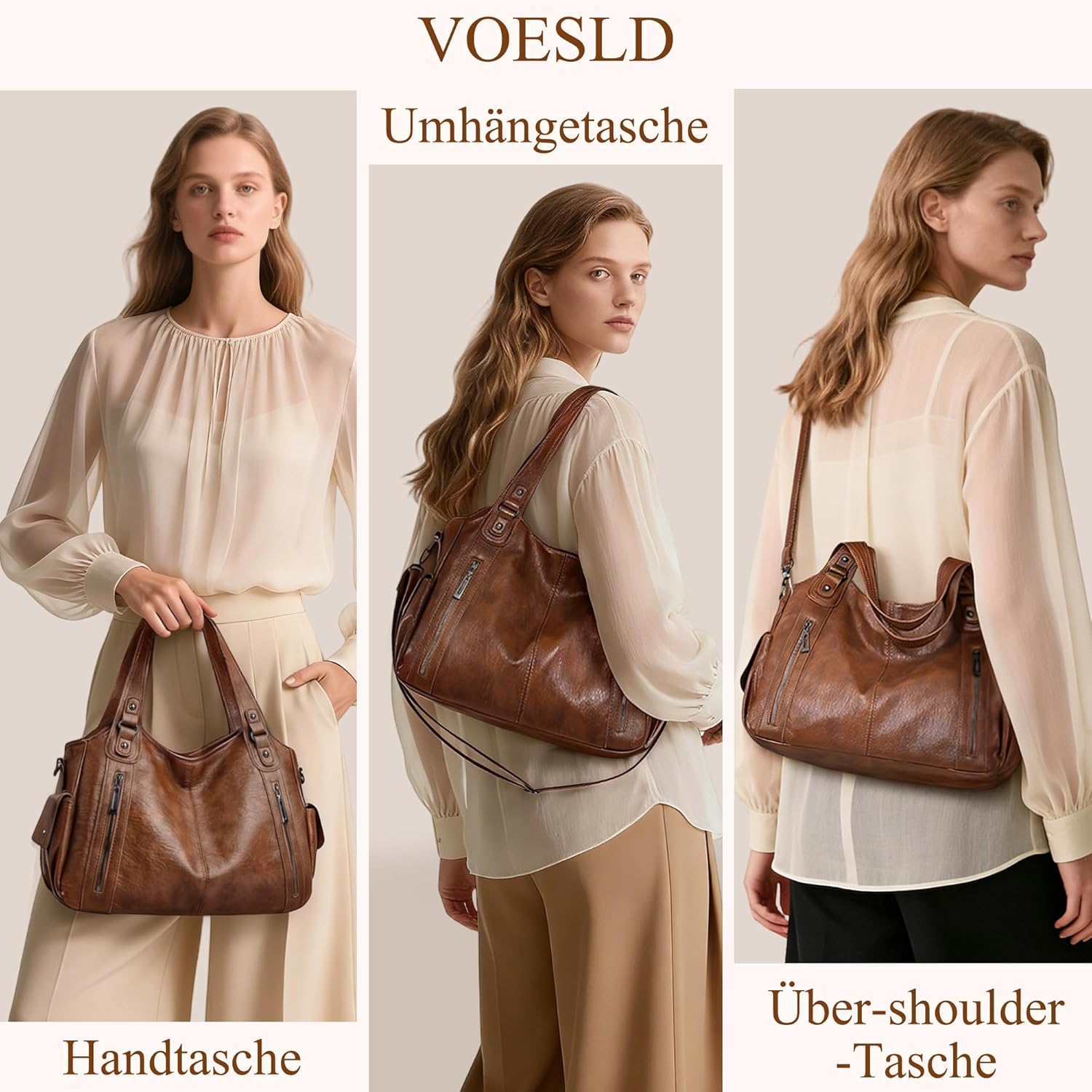 Detalle de VOESLD Damen Handtasche PU Leder Große Shopper – Vielseitige Hobo-/City-Tasche