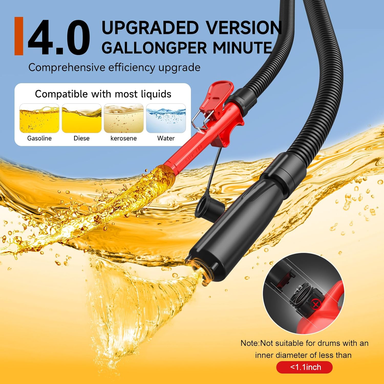 Thumbnail 2 de Automatic Fuel Transfer Pump with Auto-Stop (4.0 GPM) – Battery or USB Type-C Powered, 51'' Hose & 4 Adapters