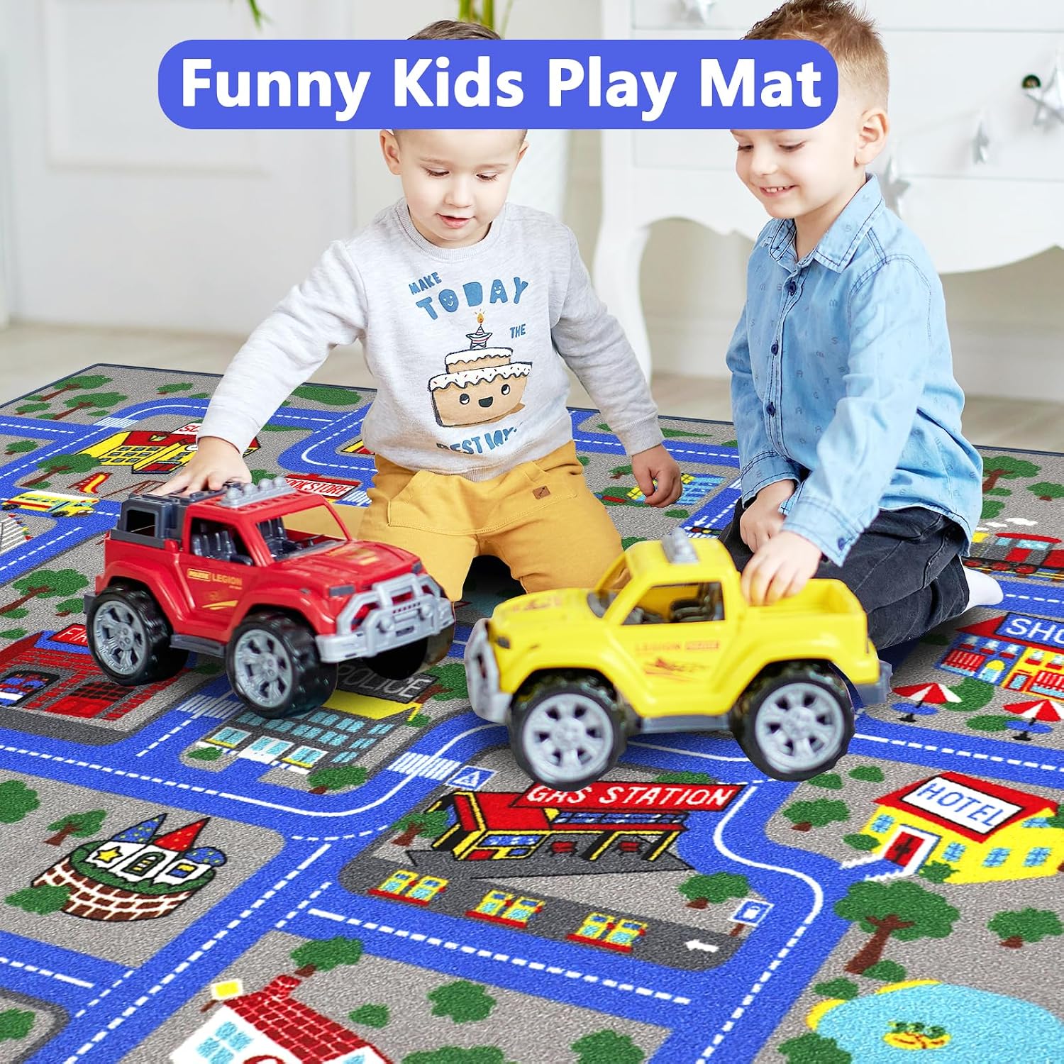 Detalle de Capslpad Kids Play Rug Town City Road Car Mat 150x200cm – Blue, Non-Slip & Machine Washable