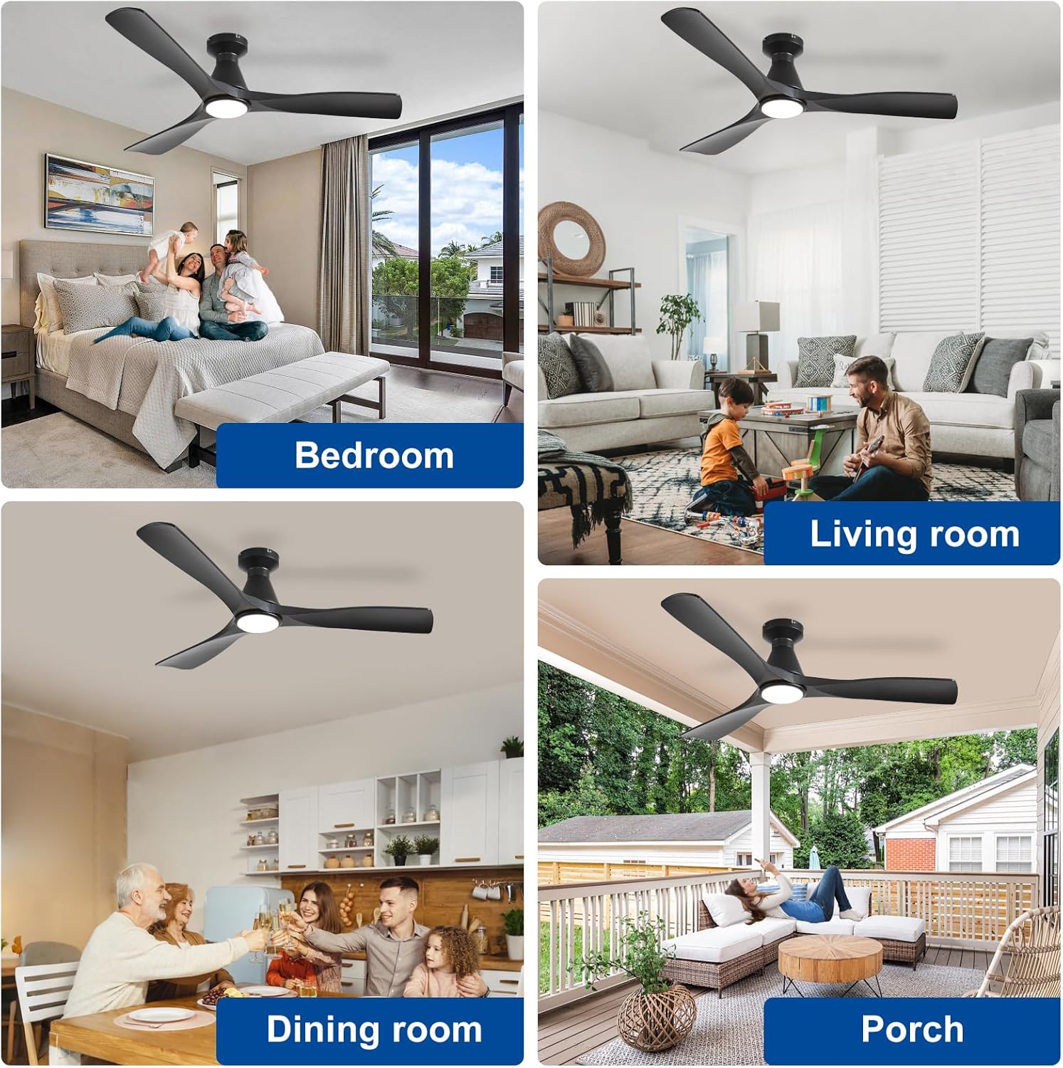 Detalle 2 de Depuley 52-Inch Flush Mount Ceiling Fan with Lights — Black 3-Blade, DC Motor, Remote