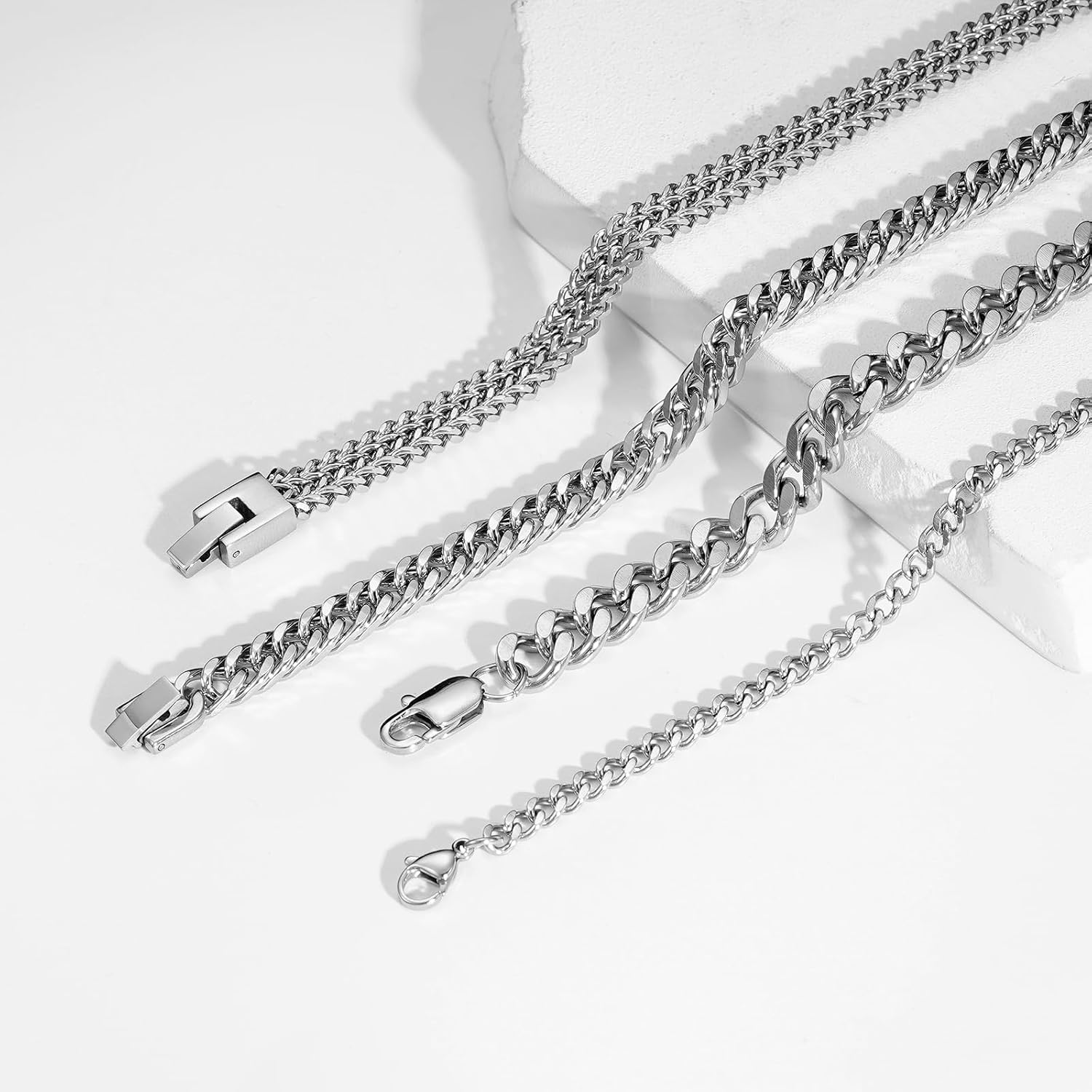Detalle de Esmoly 4 Pezzi bracciale da uomo in acciaio 316L (argento, oro e nero) – catena cubana, set impilabile, lunghezze 19/21/23 cm