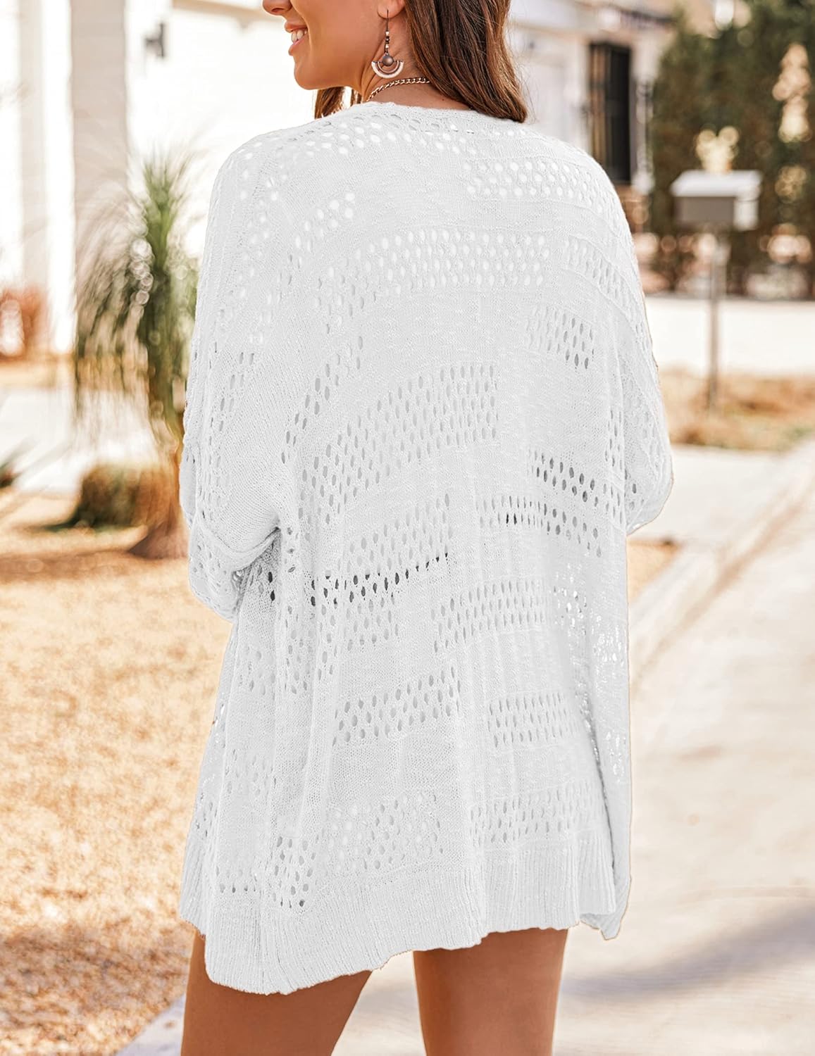 Detalle de HOTOUCH Lightweight Crochet Cardigan for Women – Open Front, Oversized Knit Sweater