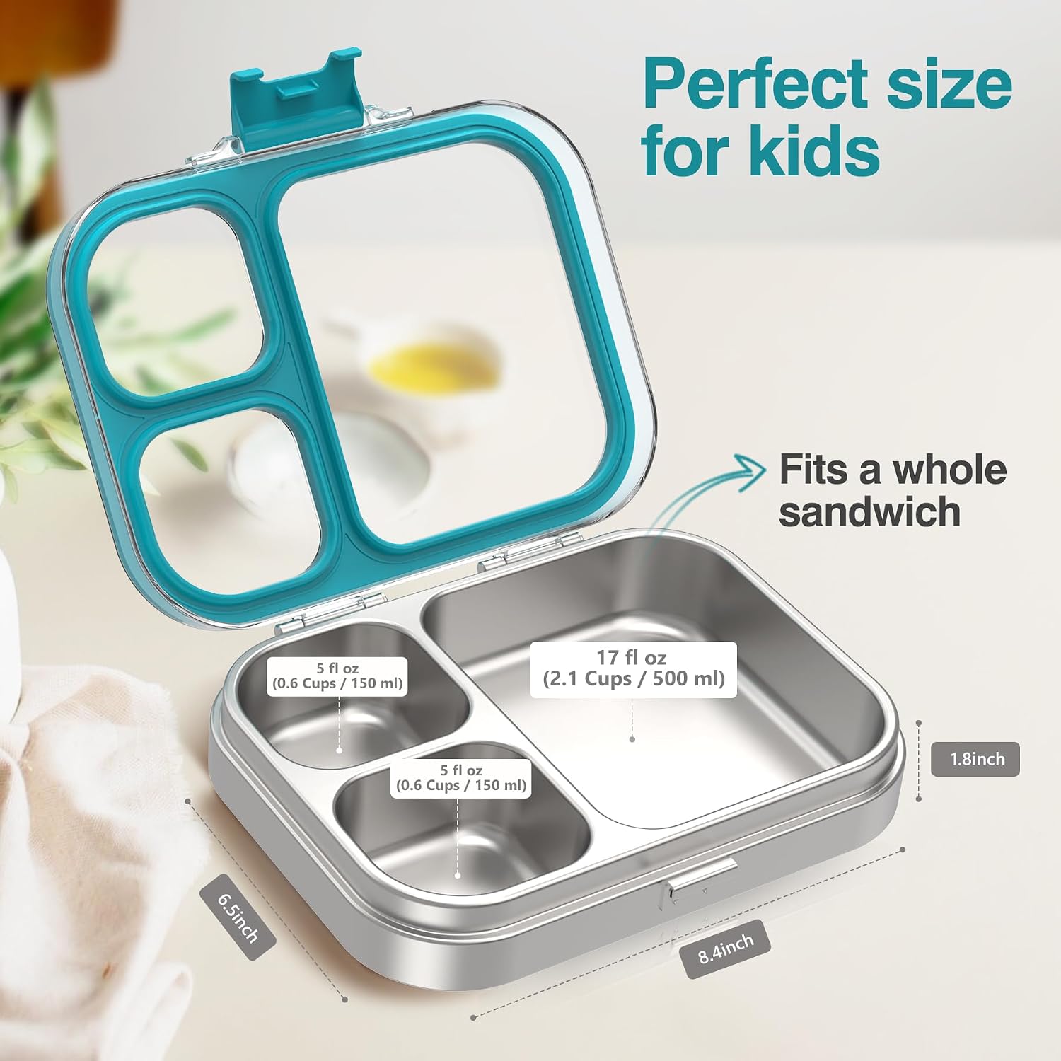 Thumbnail 1 de HOMEKOL Stainless Steel Bento Lunch Box, Blue – 3-Compartment, Leak-Proof (Not Insulated) 800ml