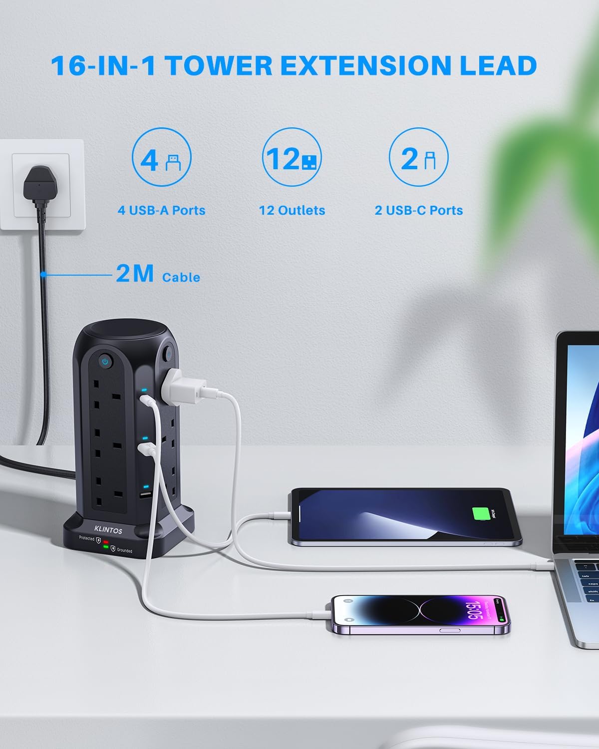 Thumbnail 1 de Tower Extension Lead 12-Way 2M, 3250W surge protector 🔌