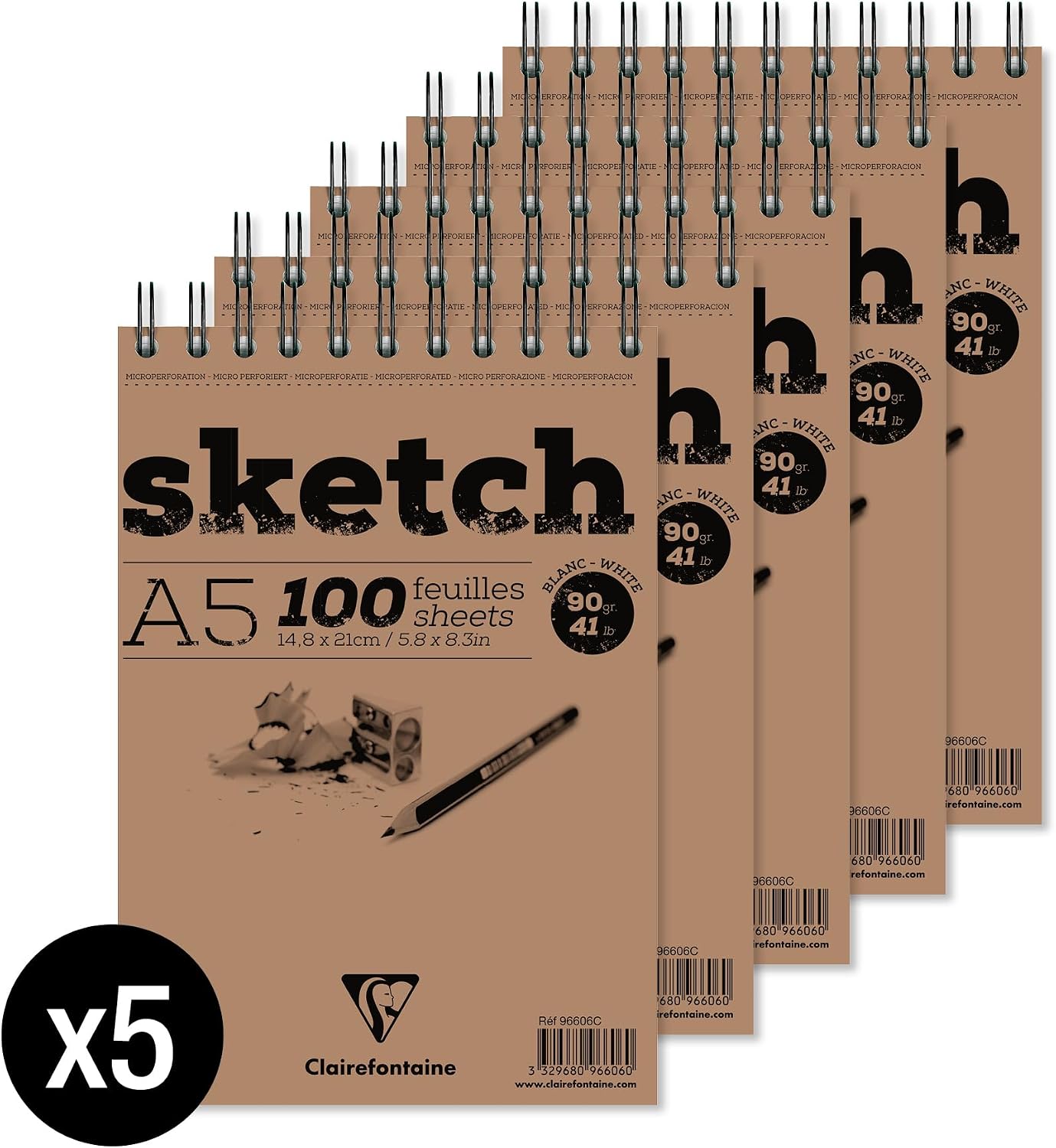 Detalle de Clairefontaine 96606C Blocco Spiralato Carta Sketch A5 – 5 blocchi, 90 g, grana fine, fogli staccabili