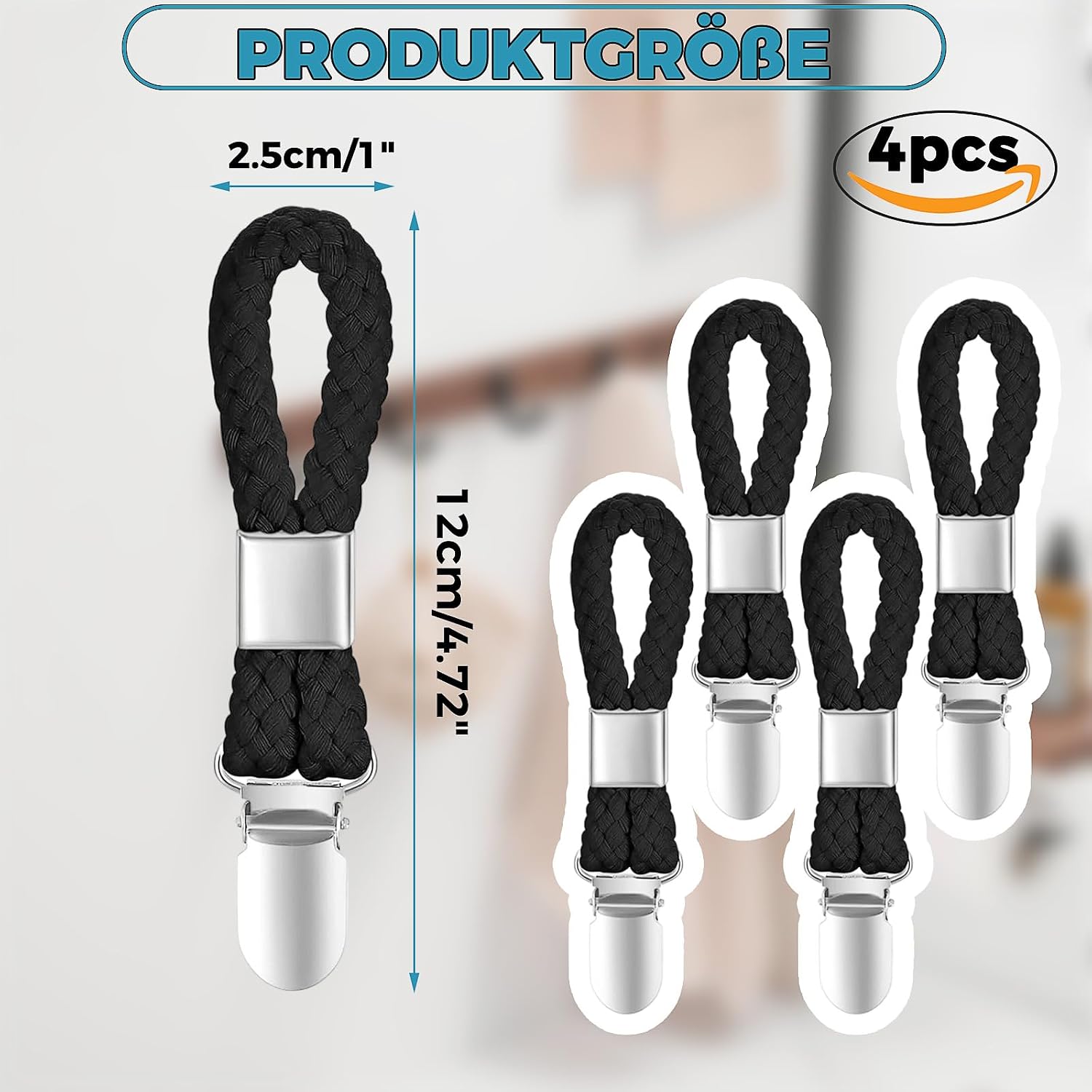 Detalle de Aufhänger für Handtücher – 4 schwarz Clip mit Schlaufen, robuste Aufhängelösung aus Baumwolle und Edelstahl