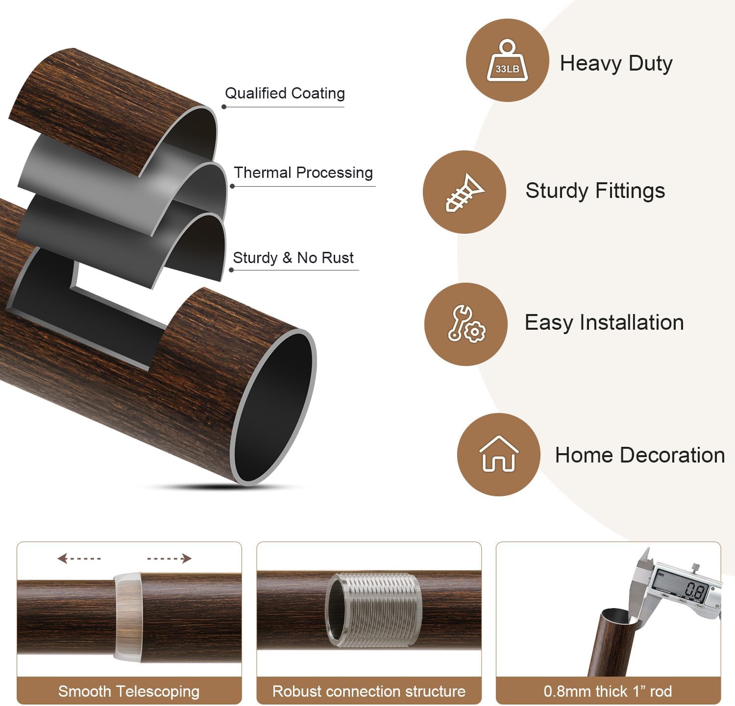 Thumbnail 6 de Lootkell 2 Pack Deep Walnut Wood Curtain Rods, 1" Diameter, Adjustable 32–88" (48–84" Window Range)
