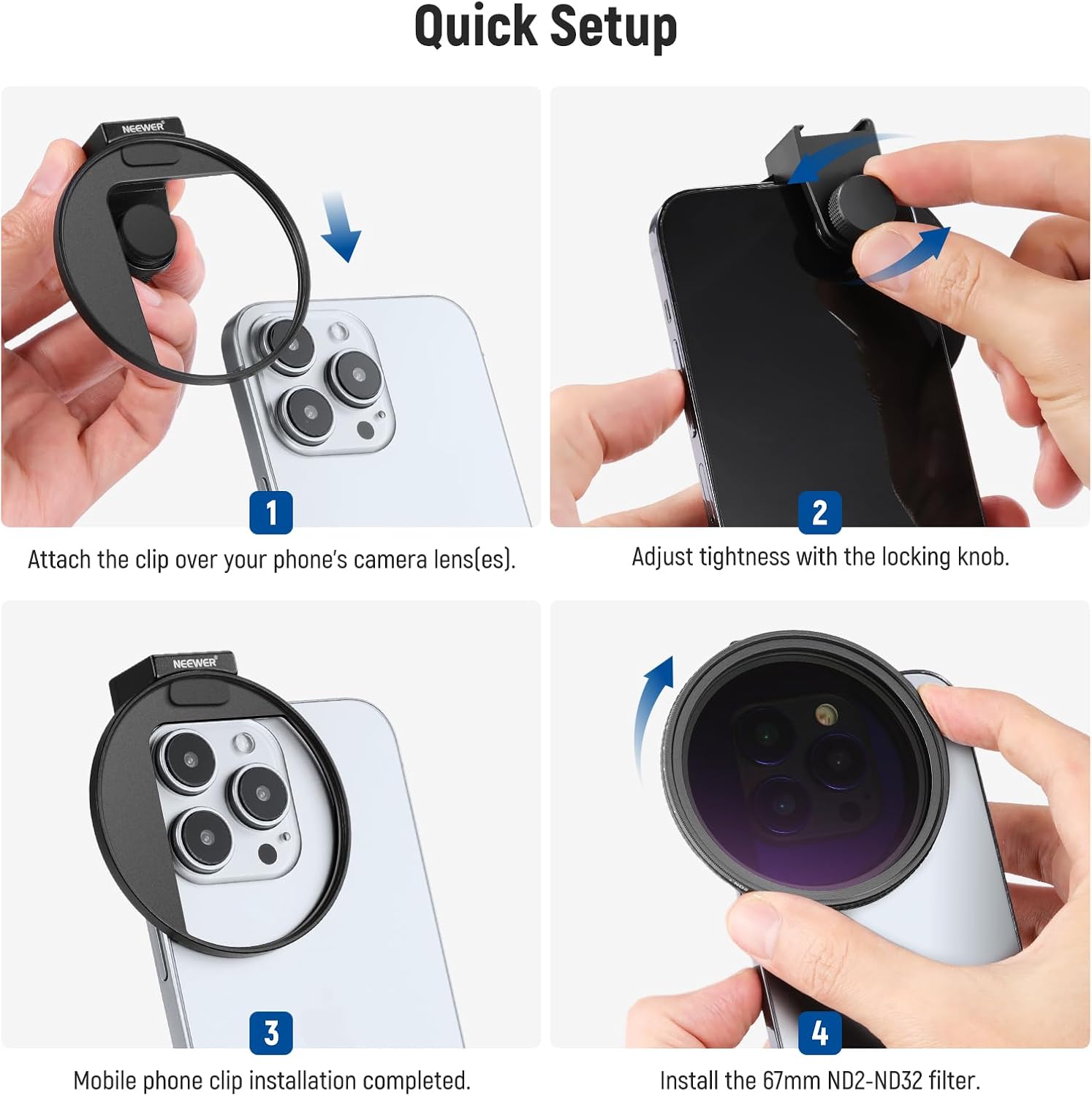 Thumbnail 6 de NEEWER Kit filtri ND variabile 67mm ND2–ND32 per lenti telefono con Phone Clip e attacco Cold Shoe