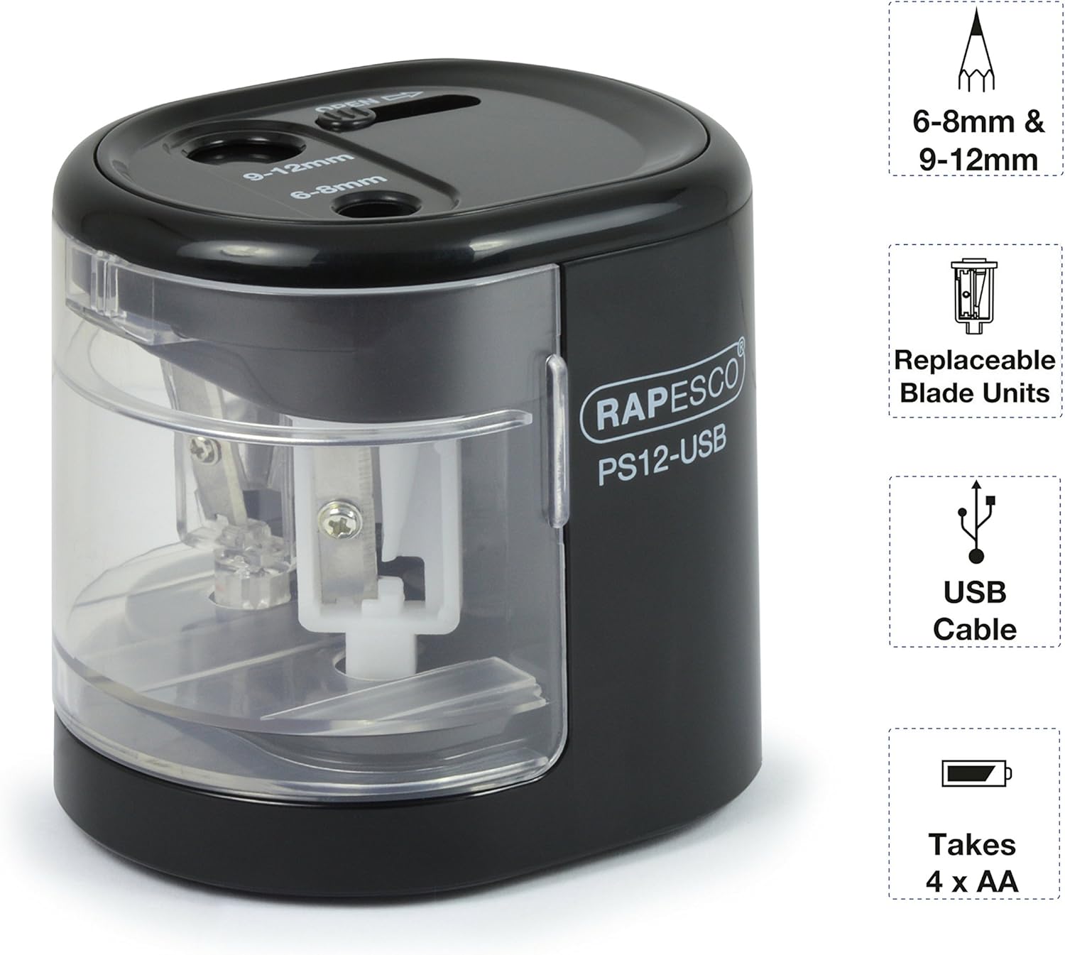 Thumbnail 1 de Rapesco 1449 PS12-USB Electric Pencil Sharpener 2‑hole
