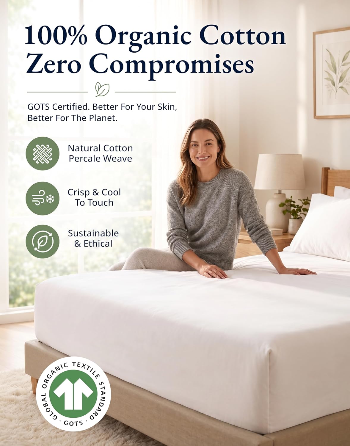 Thumbnail 4 de LANE LINEN Fitted Sheet Double – 100% Organic Cotton, Deep Pocket, 2 Pillowcases