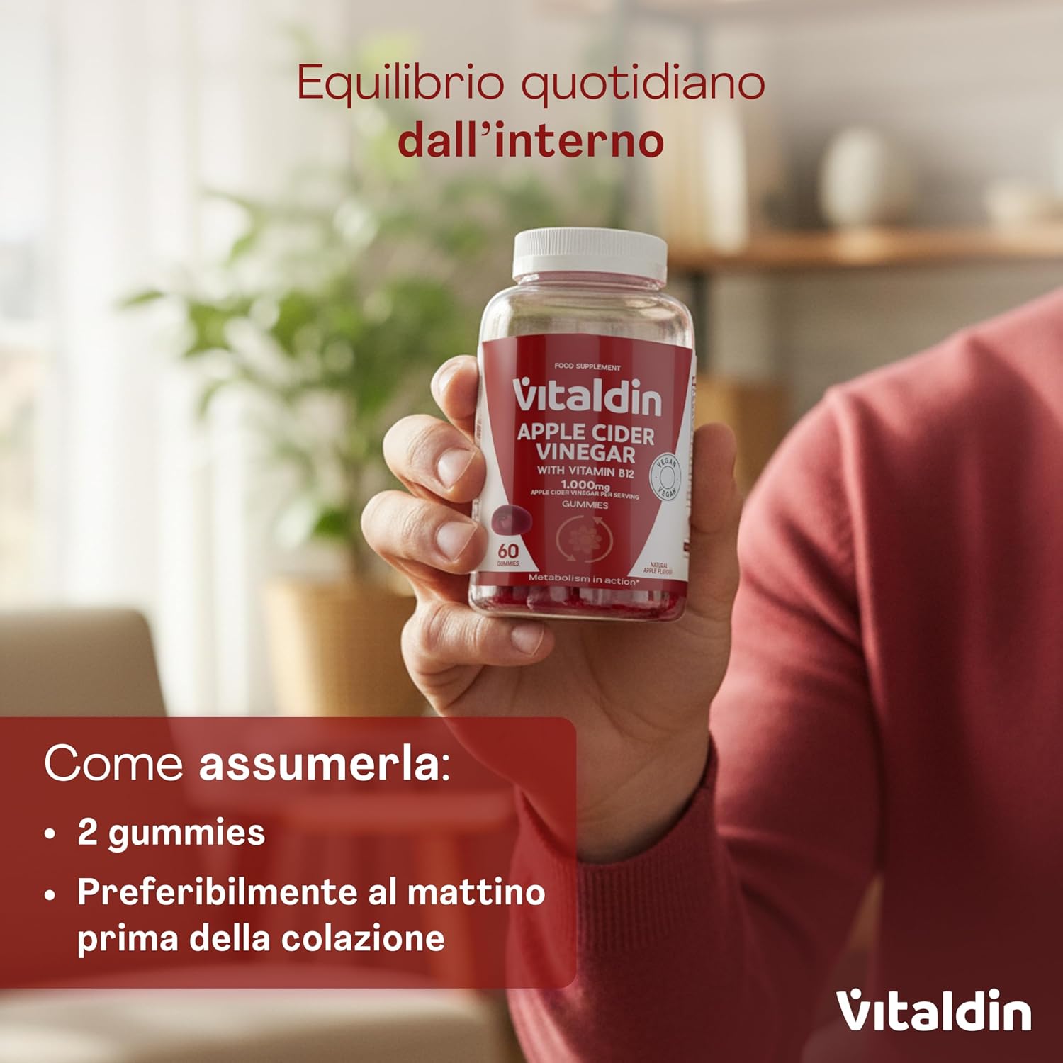 Detalle de VITALDIN Apple Cider Vinegar Gummies – 1000 mg per dose, 60 caramelle vegane (gusto mela) con vitamina B12