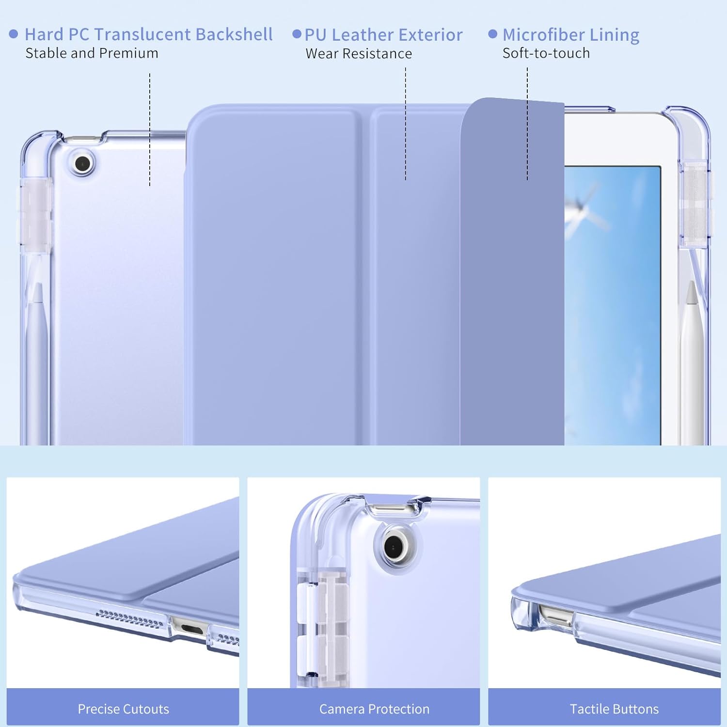 Detalle de MoKo Cover per iPad 9a/8a/7a Generazione 10,2'' (2021/2020/2019) con Portapenna: custodia trifold leggera in PC rigido e lavanda