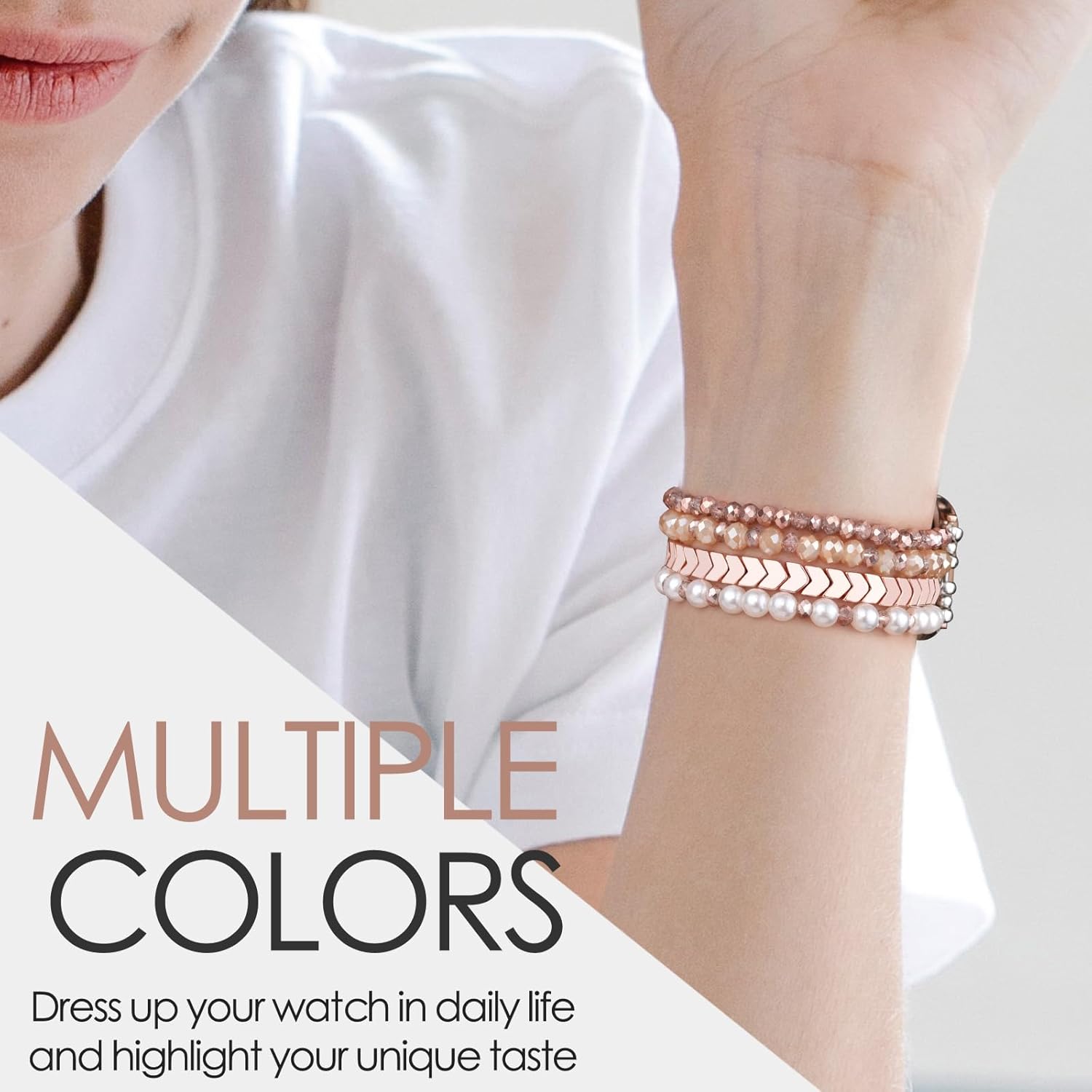 Thumbnail 5 de V.R.HOPE Unique Beaded Strap for Apple Watch 44–49mm (Rose White, Small): Elegant Beaded Band for Women