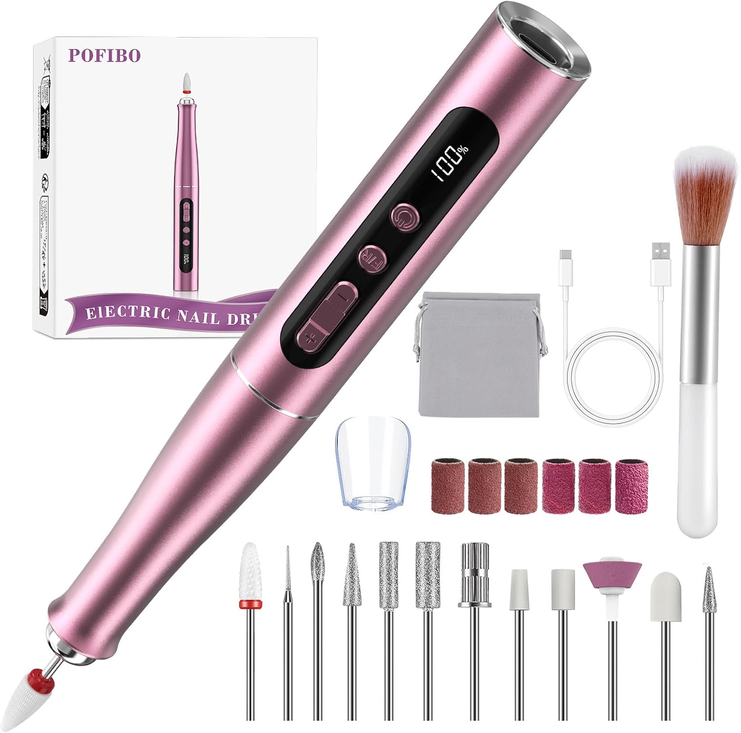Detalle de POFIBO MZ-QM001 draadloze nagelfrees, 35.000 RPM, 13-in-1, roze