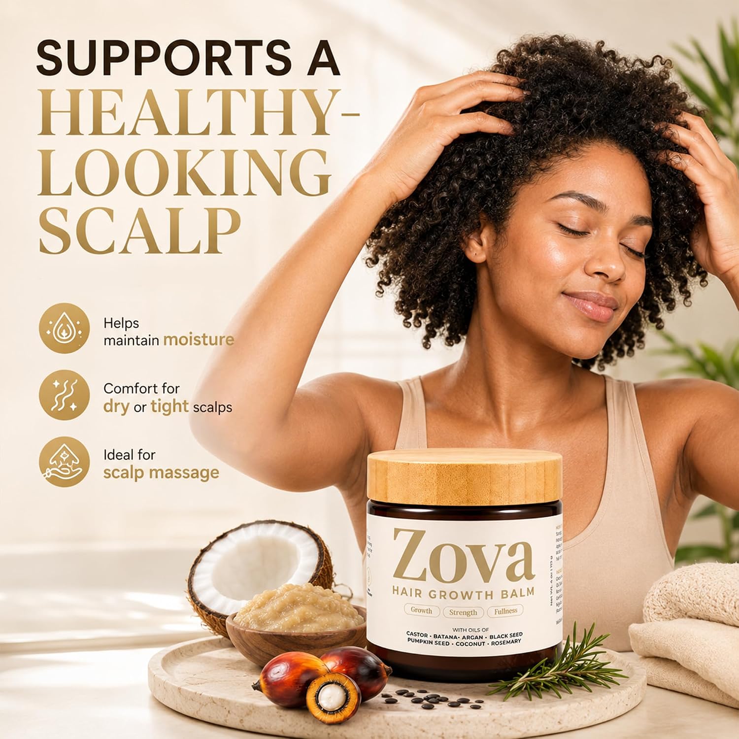 Detalle de Zova Hair Growth Balm – Batana, Castor, Argan & Rosemary Oil Blend for Thicker, Stronger Hair