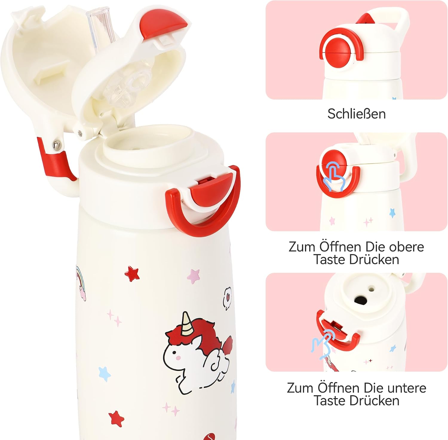 Detalle 2 de SANTECO Kinder Thermosflasche 500ml Rot Einhorn