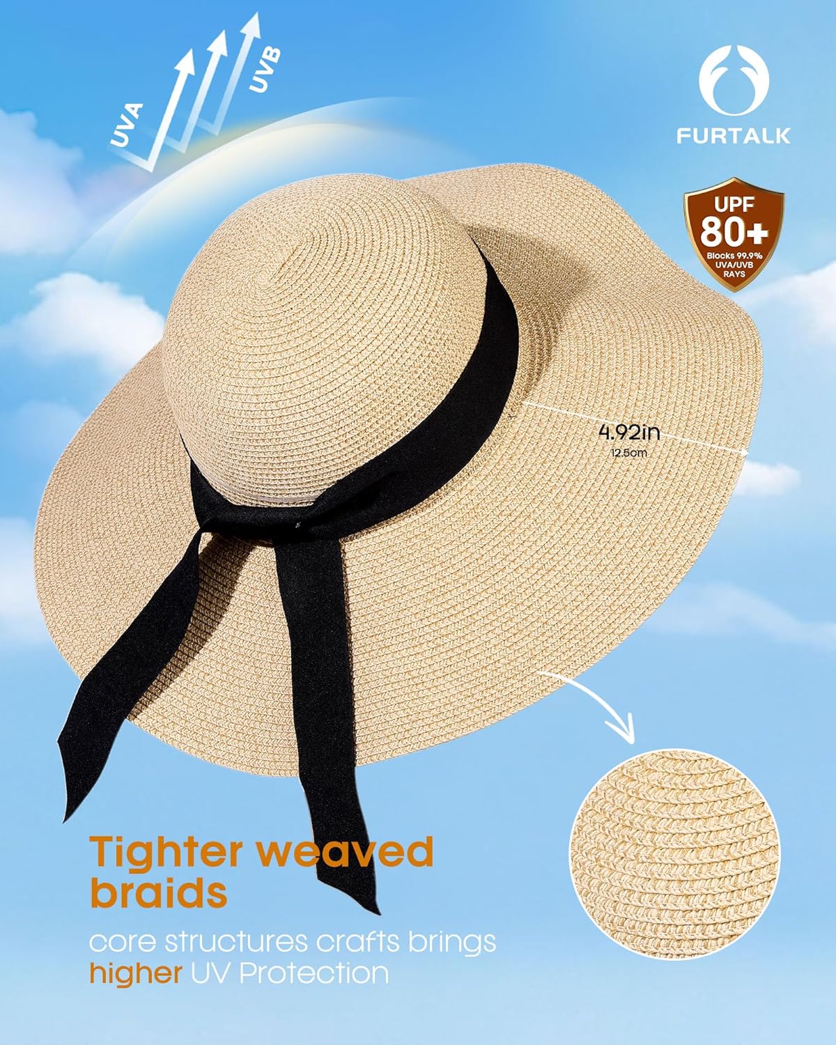 Detalle de FURTALK Women’s Sun Straw Hat (Wide Brim) with UPF 80+