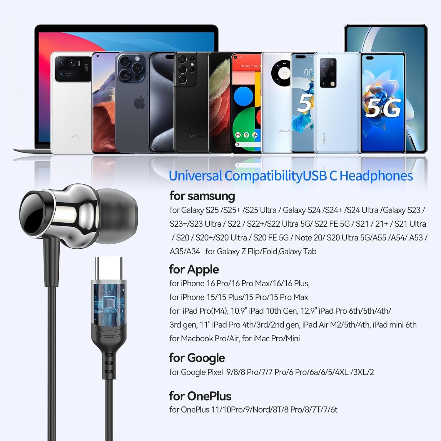 Thumbnail 3 de USB‑C Headphones with Mic for Samsung and iPhone: In‑Ear, Wired, Noise‑Canceling Earbuds