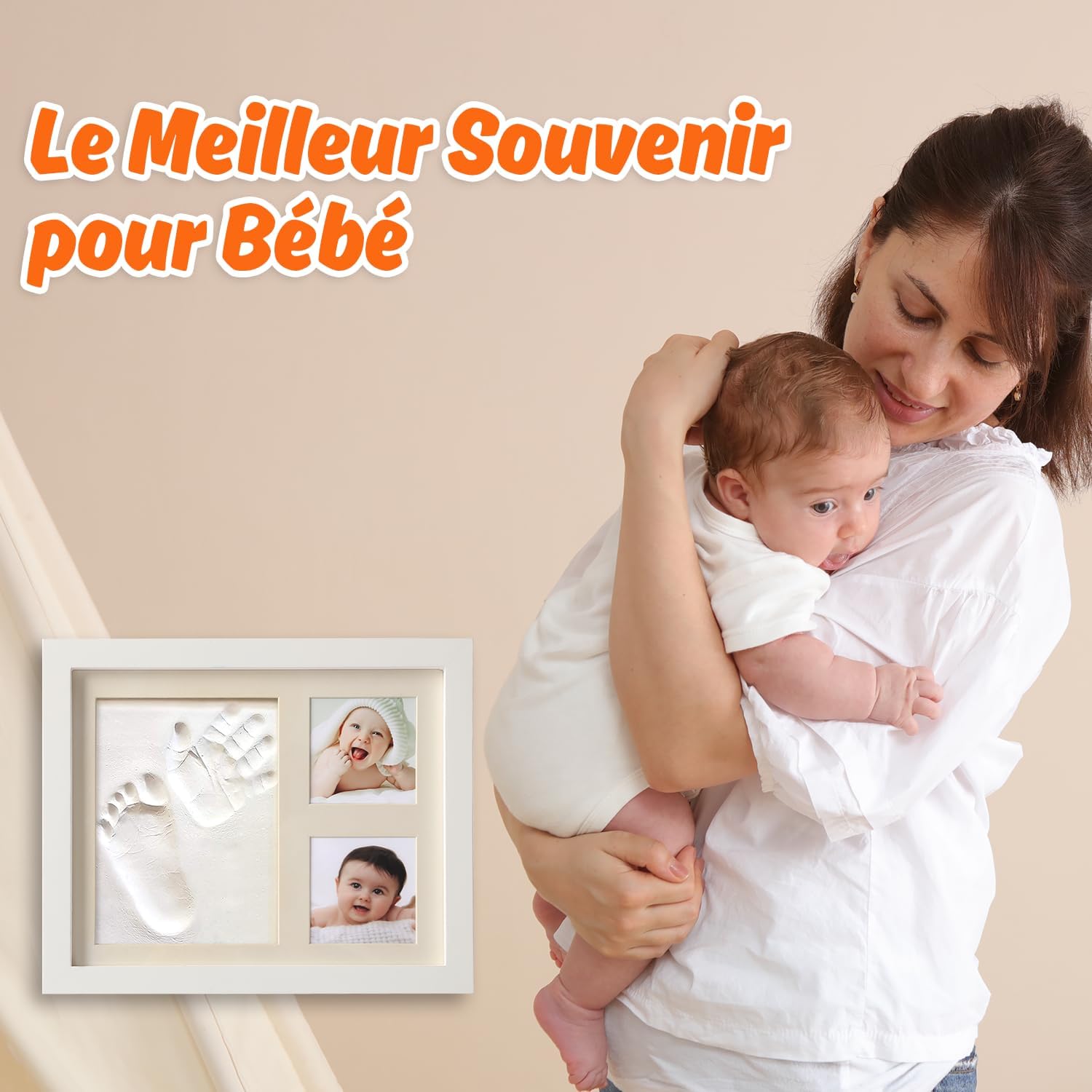 Thumbnail 1 de PewinGo Cadre Empreintes Bébé — Kit d'empreintes pieds et mains personnalisé, cadre photo bois blanc