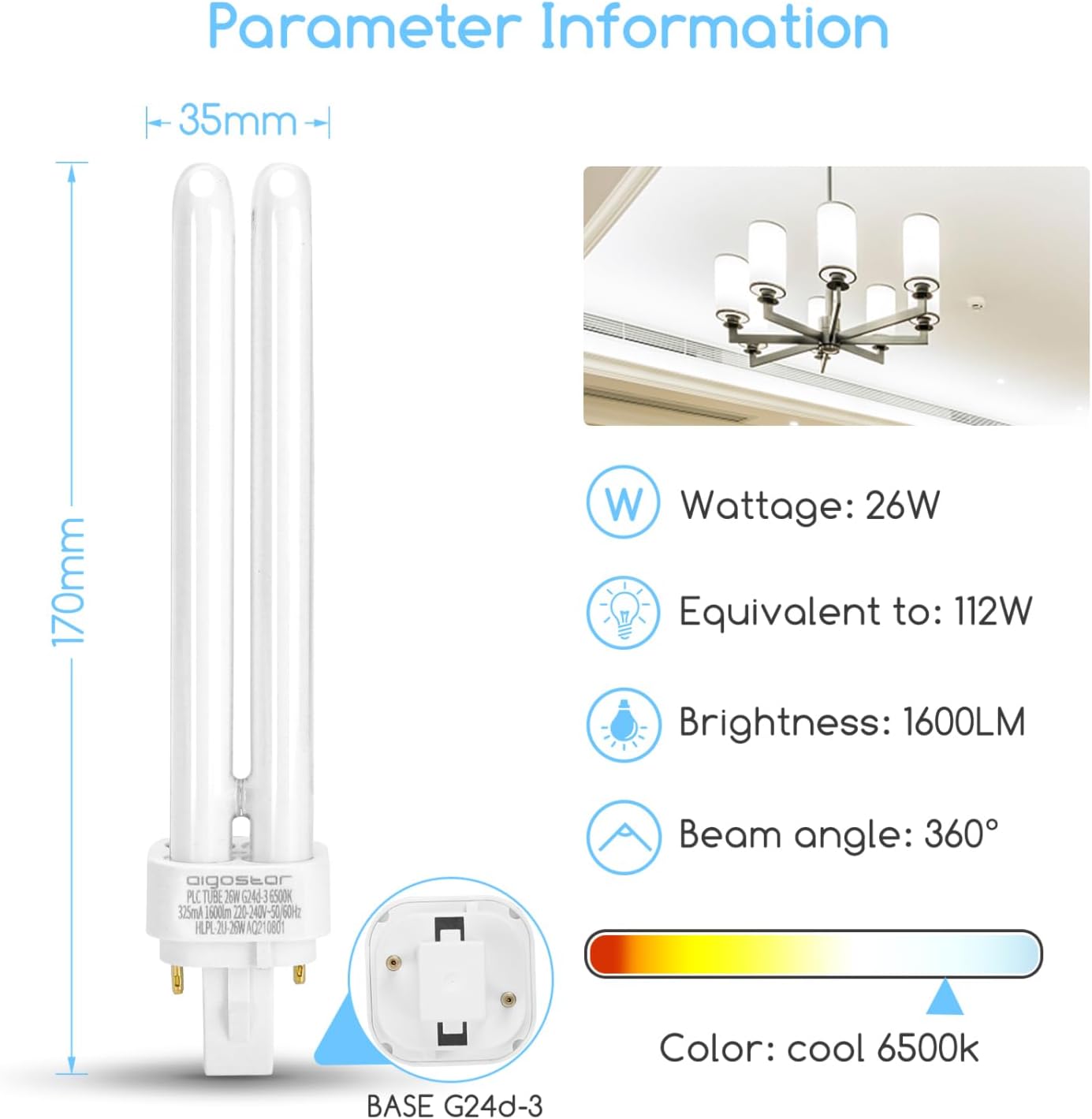 Detalle 2 de Aigostar Pack de 5 Bombillas PLC Tubo 26W G24-3 2 Pines — Luz blanca 6500K, 1600 lm, no regulable
