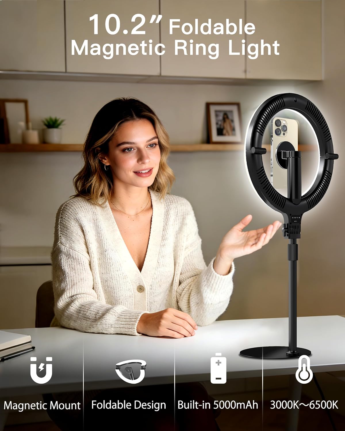 Detalle 2 de NiceVeedi Magnetic Desk Ring Light, 5000mAh
