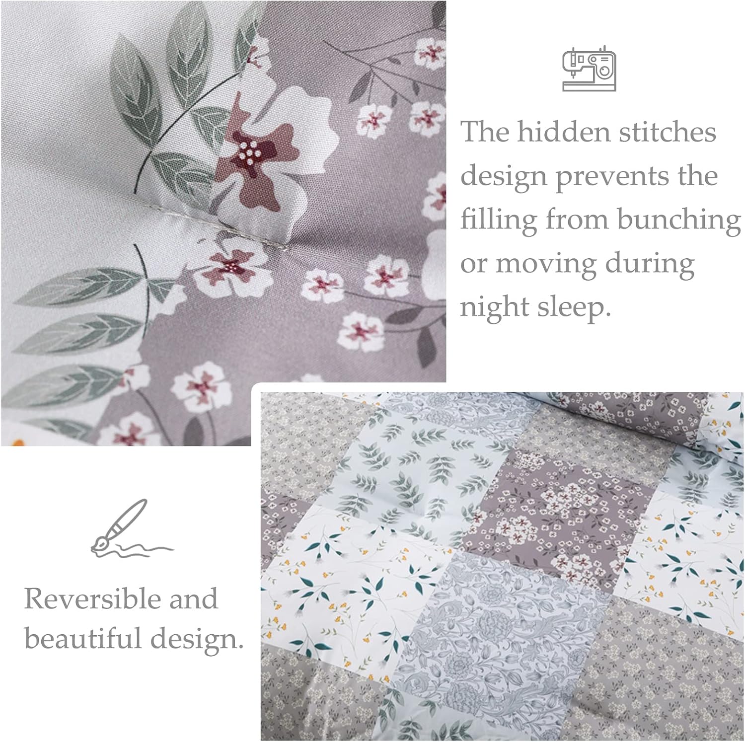 Detalle de Whale Flotilla Double Size Coverless Duvet Set 7.5 Tog, Patchwork Floral – 200×200cm, Grey