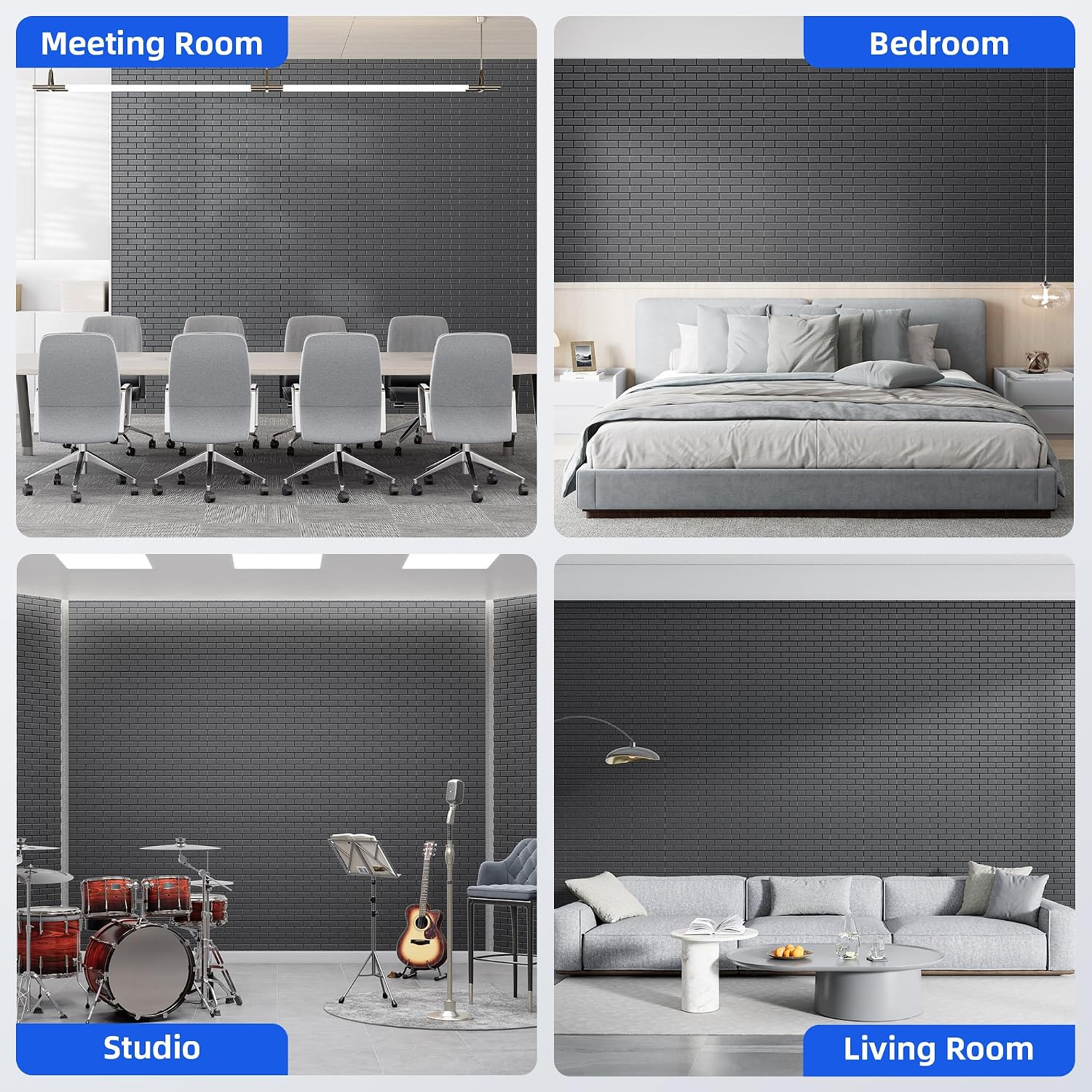 Detalle de NEPIS Brick-Black-20-1 Acoustic Panels, 20-Pack Self-Adhesive Black Wall Tiles