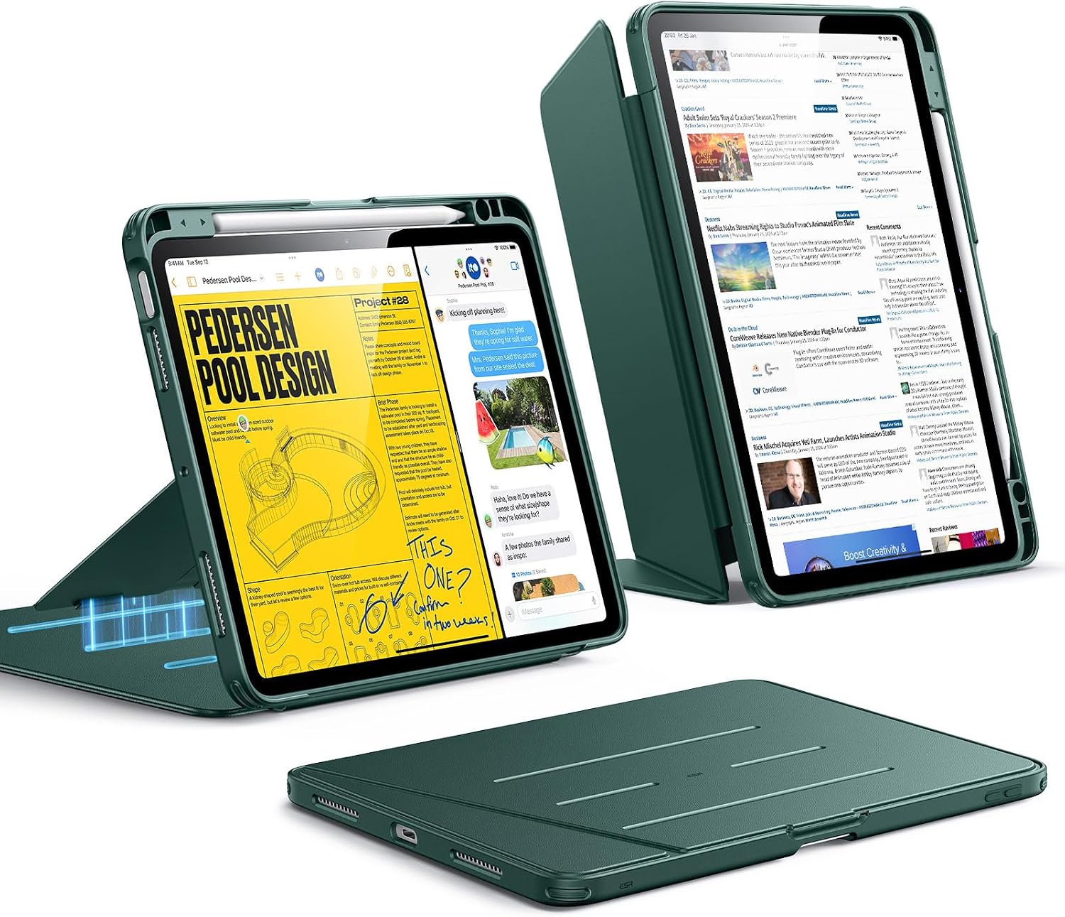 Detalle de ESR Flip Magnetic iPad Air 11 Inch Case (M4/M3/M2 & 5th/4th Gen) with Vertical Stand, Pencil Holder – Midnight Green
